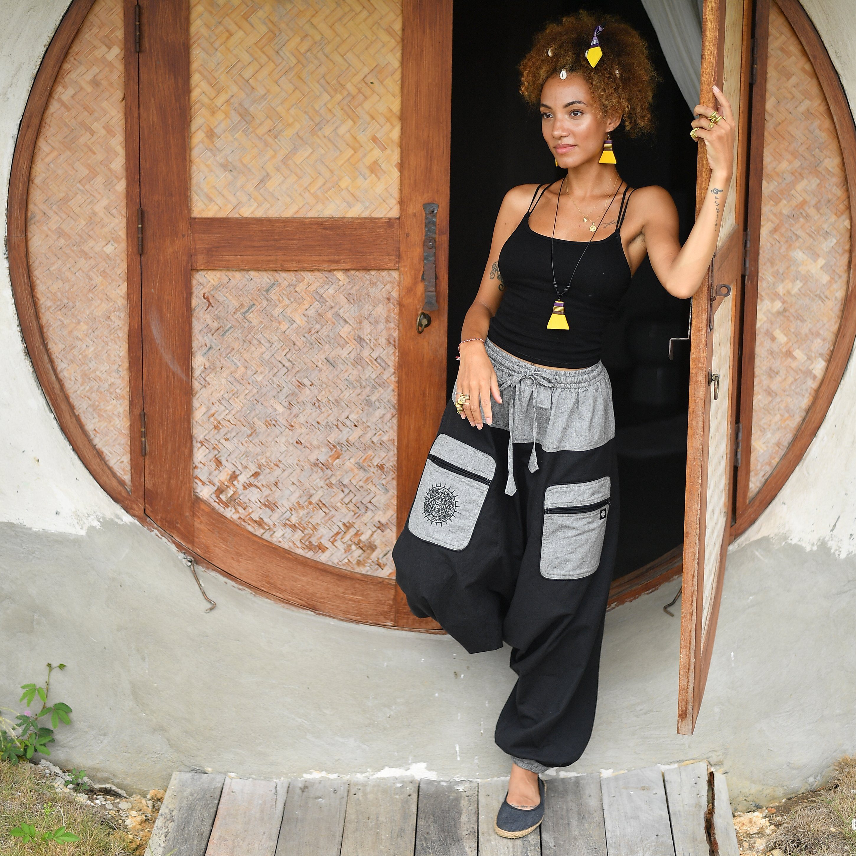 virblatt Haremshose Damen & Haremshose Herren, Baumwolle, Goa Hose Aladinhose Hippie 2 Eingriffstaschen mit Reißverschluss