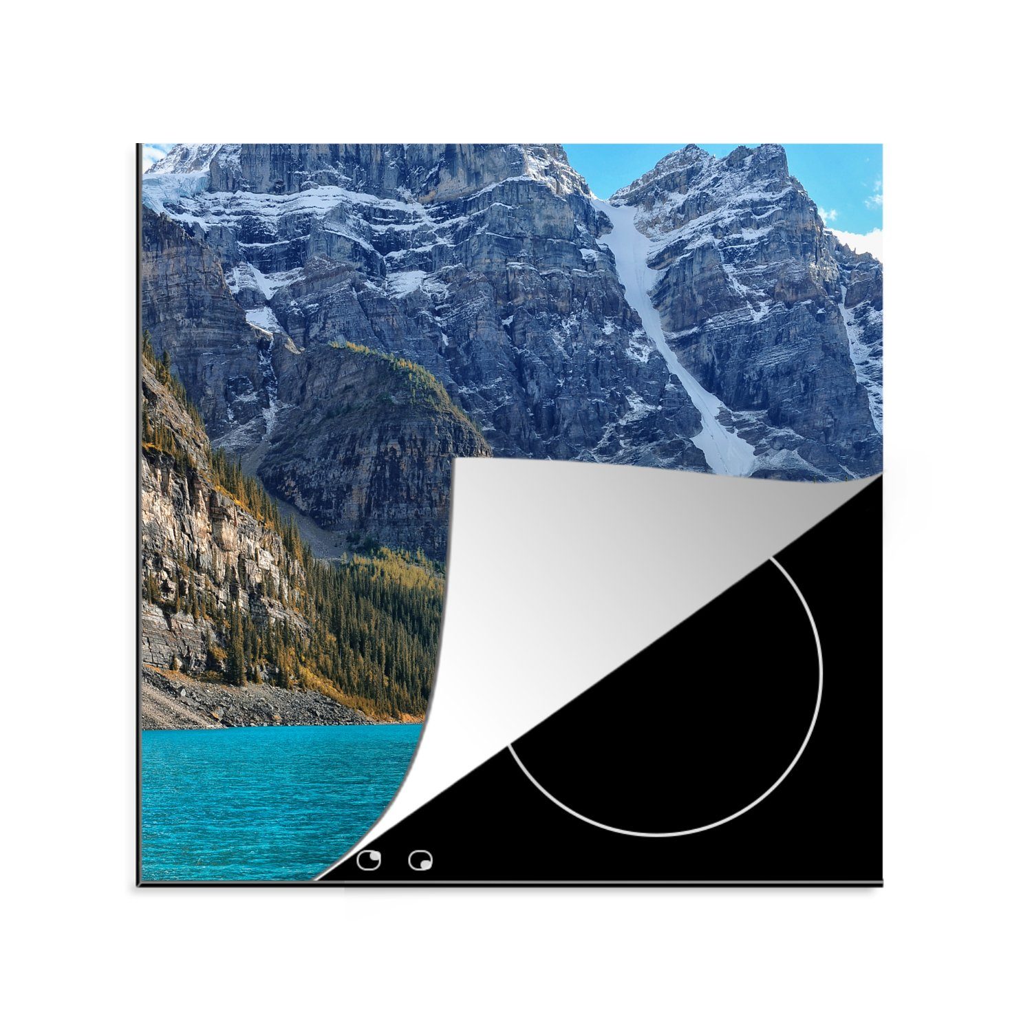 MuchoWow Herdblende-/Abdeckplatte Berge hinter dem Moraine Lake in Kanada, Vinyl, (1 tlg), 78x78 cm, Ceranfeldabdeckung, Arbeitsplatte für küche