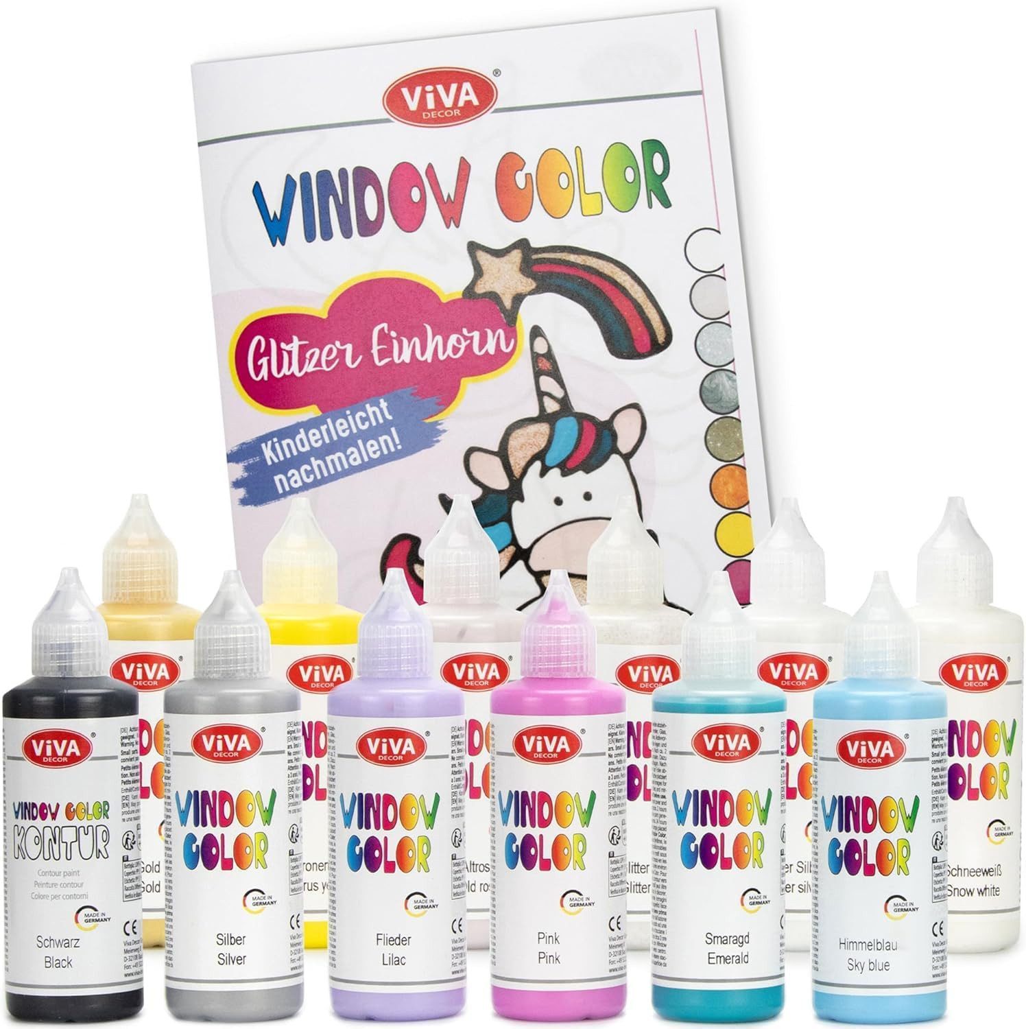 LM-Kreativ Bastelfarbe Window Color Set Glitzer Einhorn, XXL-Set, wiederablösbar, inkl. Konturen, Folien & Vorlagenheft