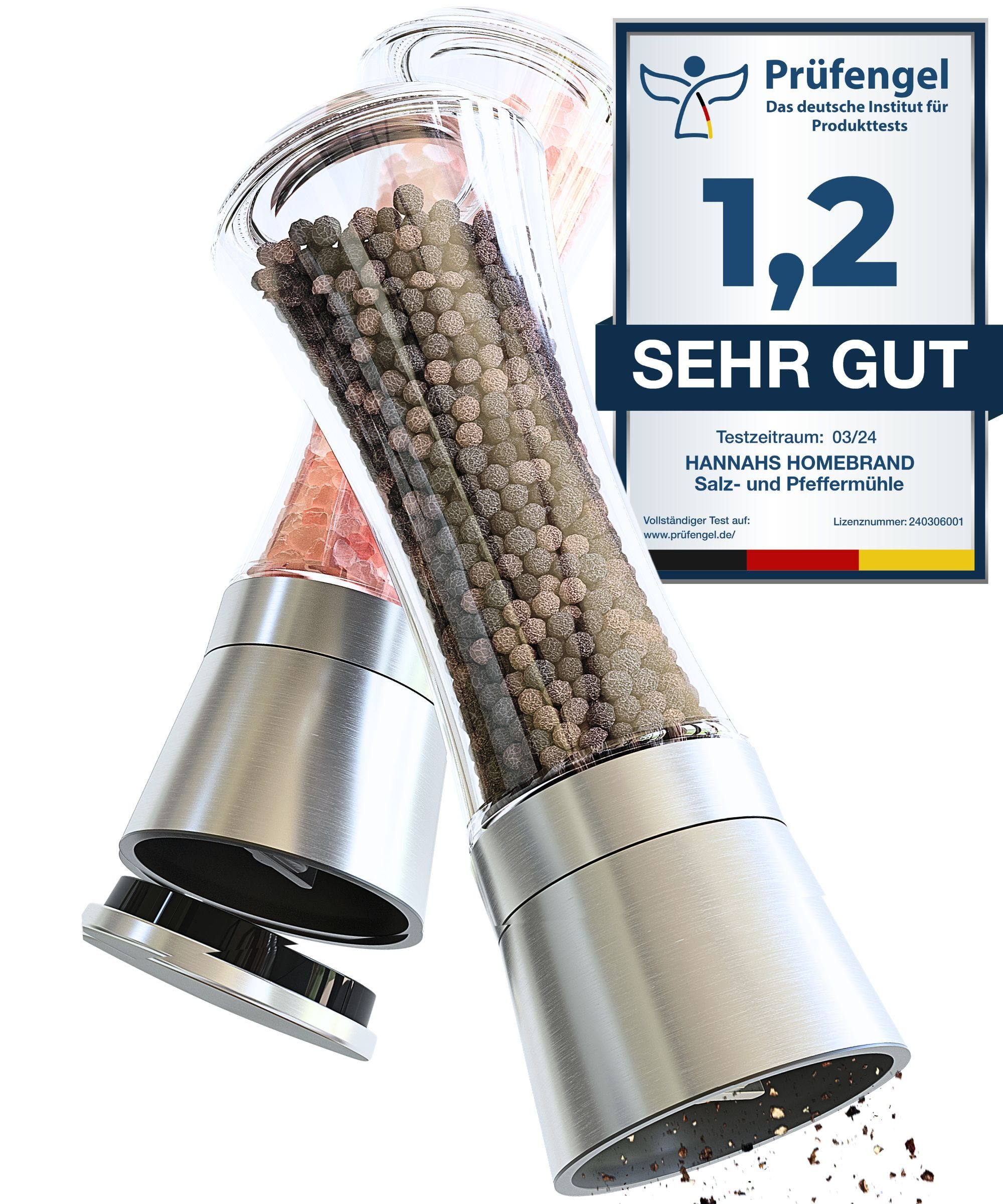 Hannah's Homebrand Salz-/Pfeffermühle mit individueller Einstellung grob bis fein (2er-Set) manuell, robuste Salzmühle und Pfeffermühle mit extrem harten Keramik-Mahlwerk