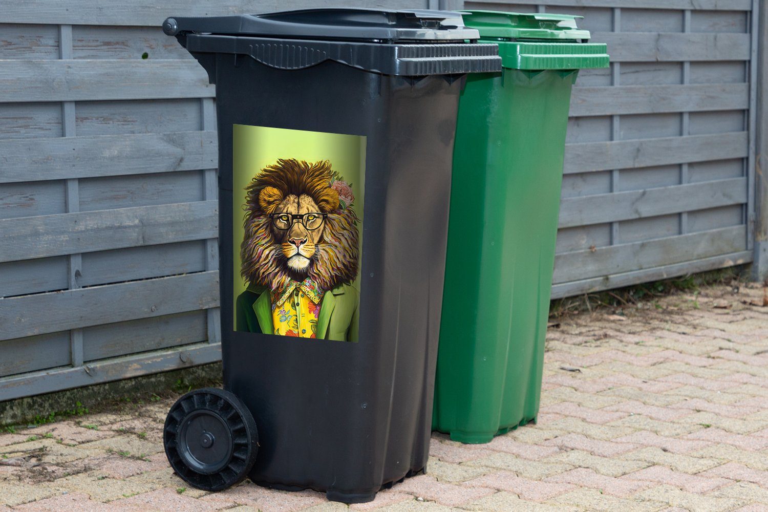 MuchoWow Wandsticker - Tier (1 Mülleimer-aufkleber, Mensch - St), Blumen Sticker, - - Brille Container, Abfalbehälter Mülltonne, Löwe