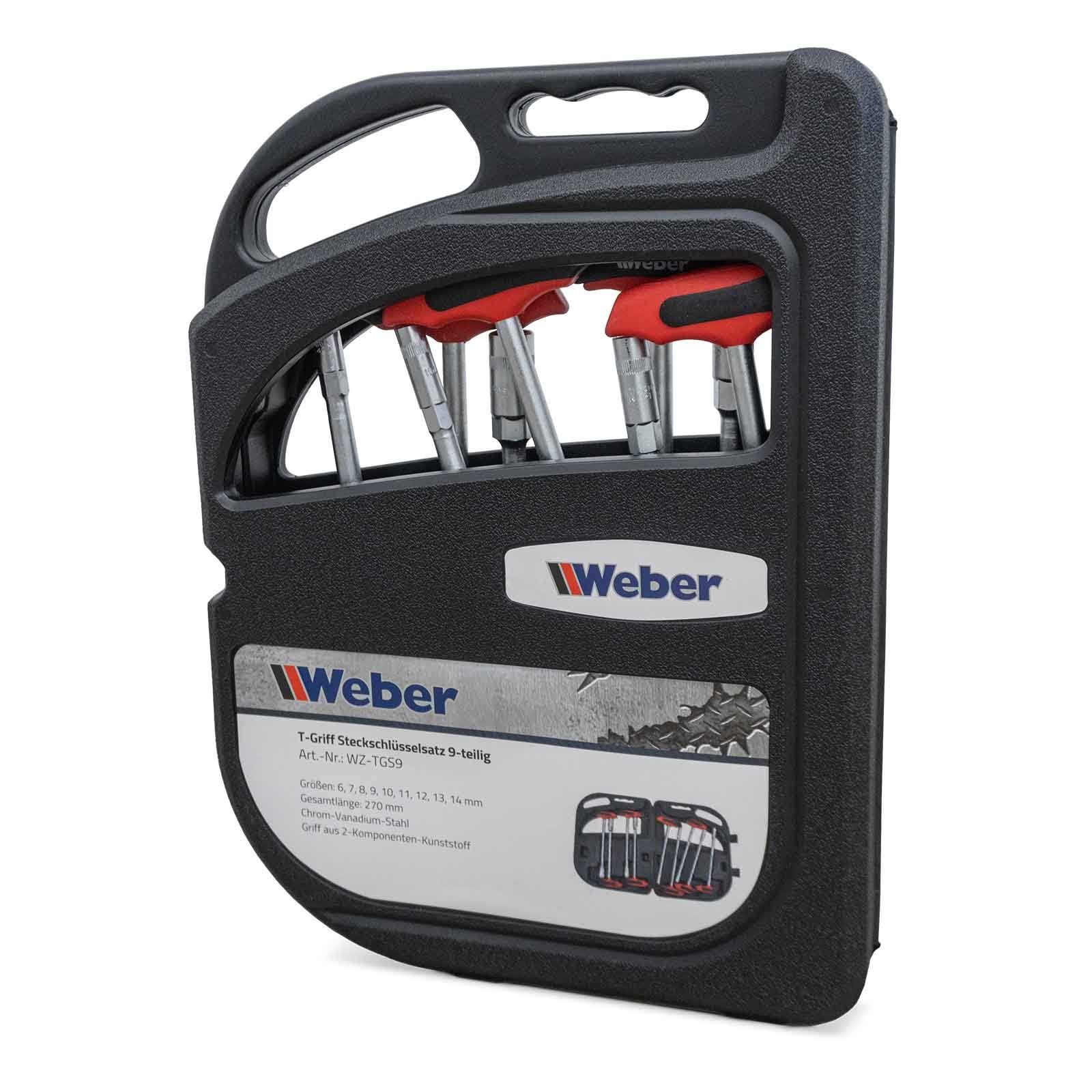 Weber GmbH Steckschlüssel T-Griff Steckschlüsselsatz 9-teilig (Set, 9 St), Chrom-Vanadium-Stahl, Softgrip, Kunststoffkoffer