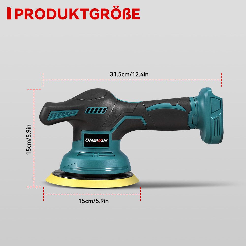 ONEVAN Cordless Polisher 150 mm Eccentric with 8 Variable Speeds up to 7800 rpm, 2500 min. rpm, 7800 max. rpm, Ø 150 mm, (with 2 batteries), for professional car detailing and effective scratch removal
