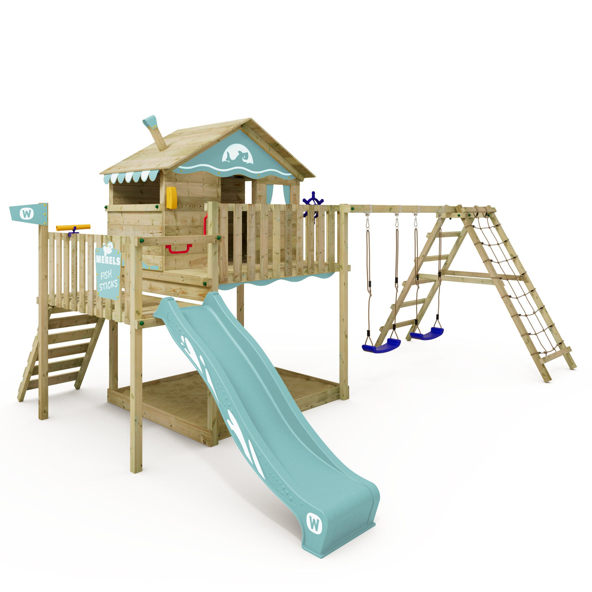 Wickey Spielturm Smart Ocean – Abenteuer-Stelzenhaus mit Rutsche & Kletteranbau, Wetterfestes & langlebiges Holz – mit 10 Jahren Garantie*