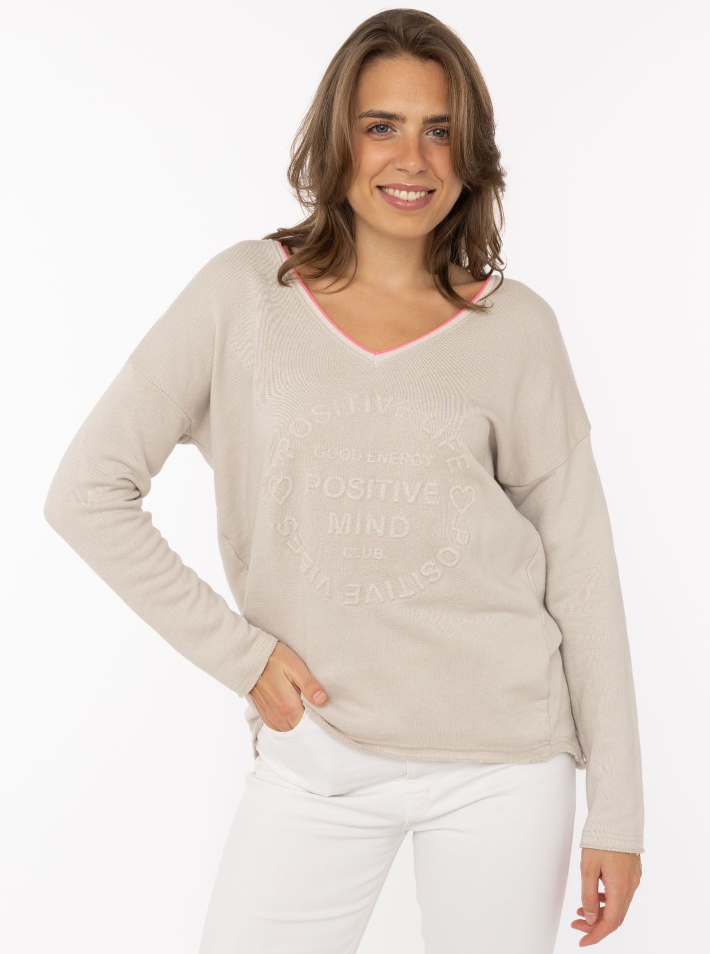 Zwillingsherz Sweatshirt „Positive Mind Neon Kante” mit Kontrastnaht, V-Neck, washed out Optik, langarm