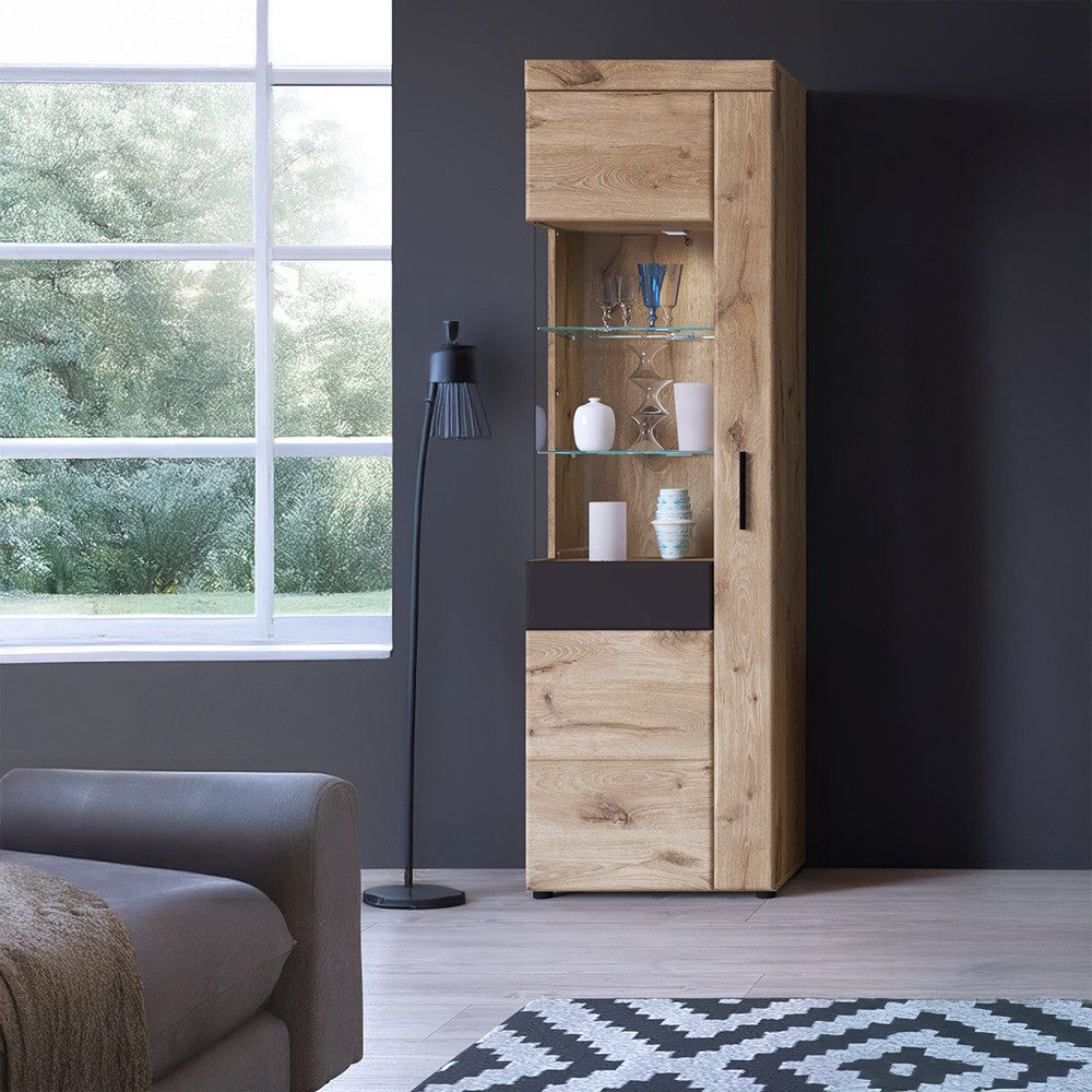 Lomadox Vitrine GRAHAM-129 Eiche Dekor mit Grau 58 cm Softclose inkl. Beleuchtung