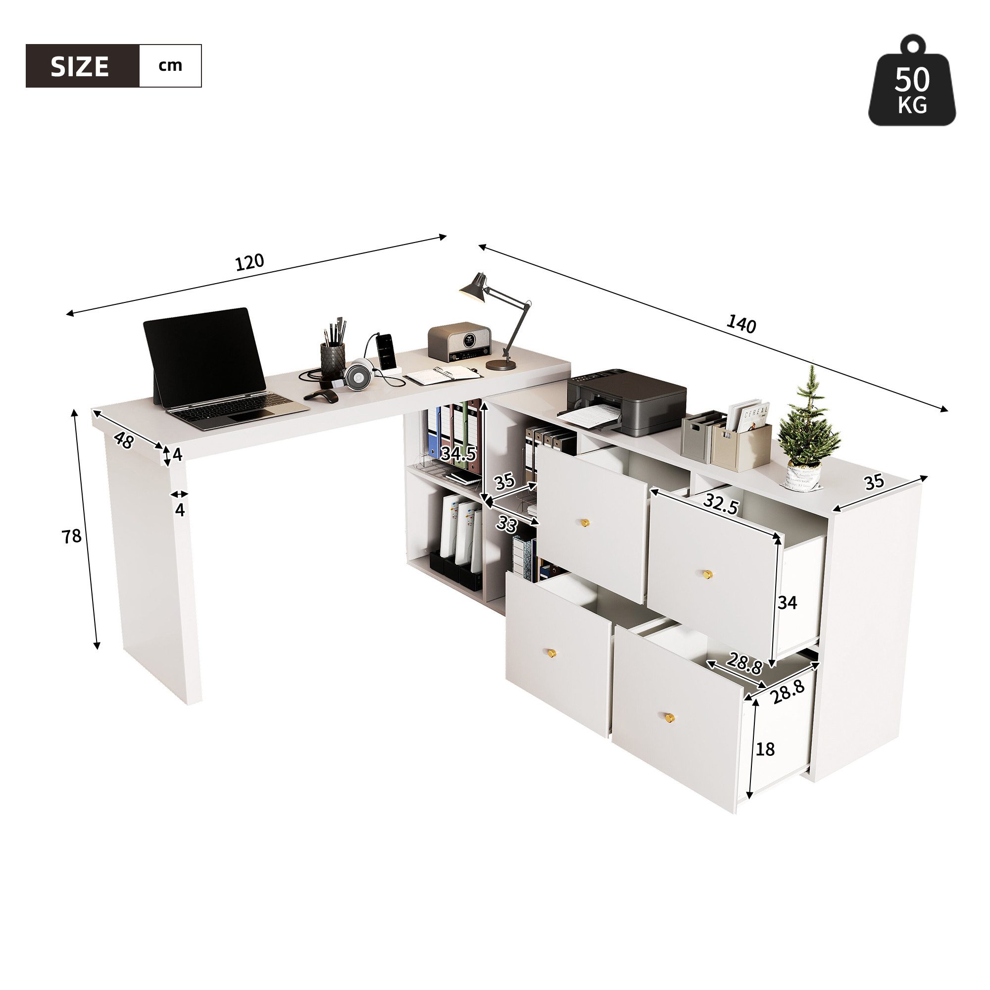 Flieks Schreibtisch 360° drehbar Bürotisch mit 4 Schubladen und 4 Fächern (Tischlänge 120xT48xH78 cm/Schranklänge 140xT35 cm, 2-St., 1 Tisch schwenkbar), Comput – Bild 4 von 5