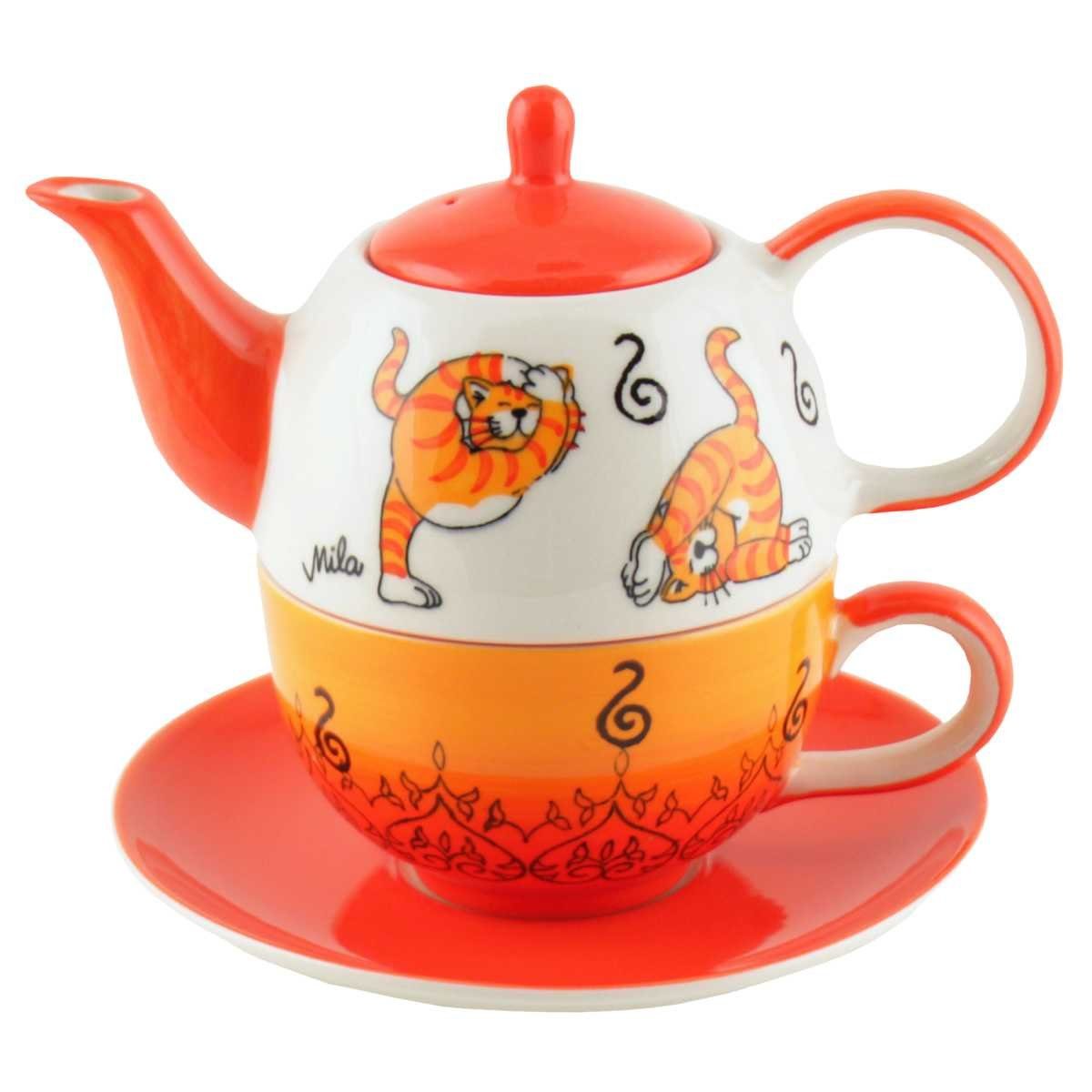Mila Teekanne Mila Keramik Tee-Set- for-One Oommh Yoga Katze, 0,4 l, (Set, Tee-Set)