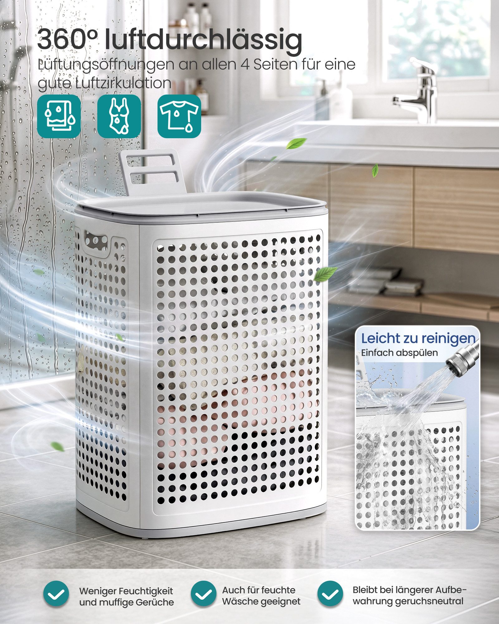 SONGMICS Wäschekorb mit Deckel, Wäschesammler Plastik, für Badezimmer, Waschküche, Wäschetonne schmal, Wäschebox platzsparend, Schlafzimmer, 75 L
