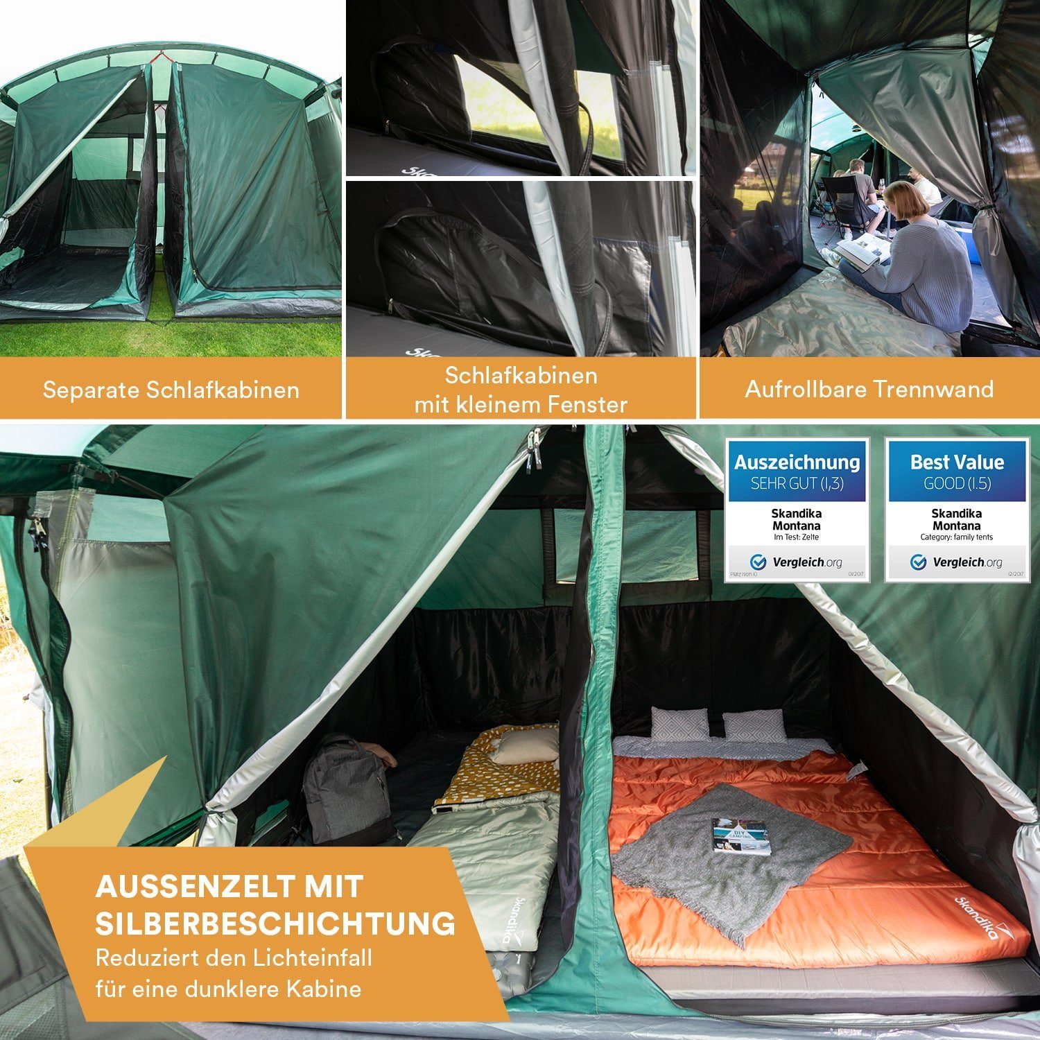 Skandika Tunnelzelt Montana 8, Familienzelt mit 3-4 Schlafkabinen, 4 Eingänge, Personen: 8 (Seiteneingang mit Vordach, Organizer-Taschen, Haken für Zeltlampe), wasserdicht, 5000mm Wassersäule, Moskitonetz, Tragetasche, 2m Stehhöhe