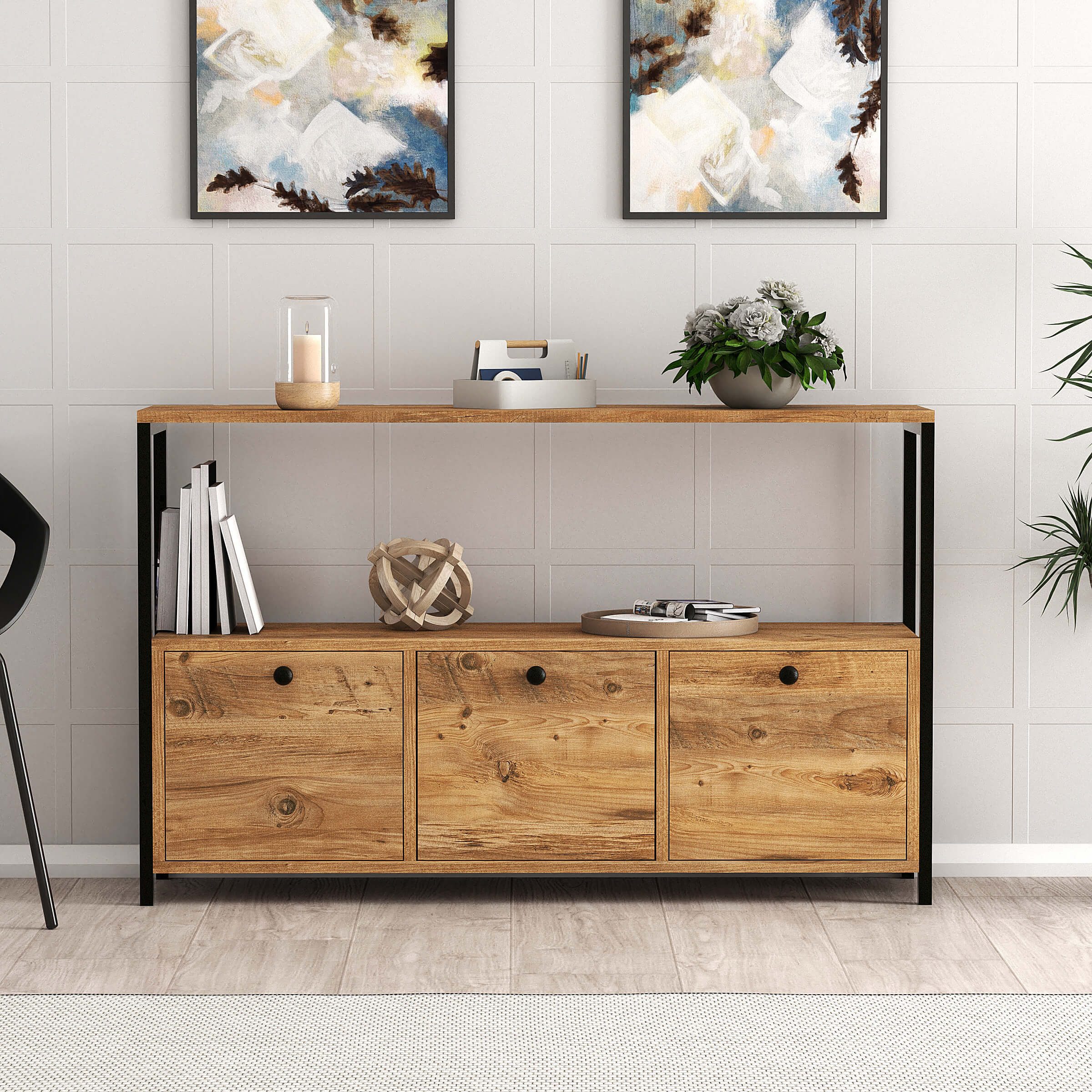 BDR Smart Home Art Konsole Sorte Sideboard mit 3 Türen & Regalen Holz Praktisch & Stilvoll