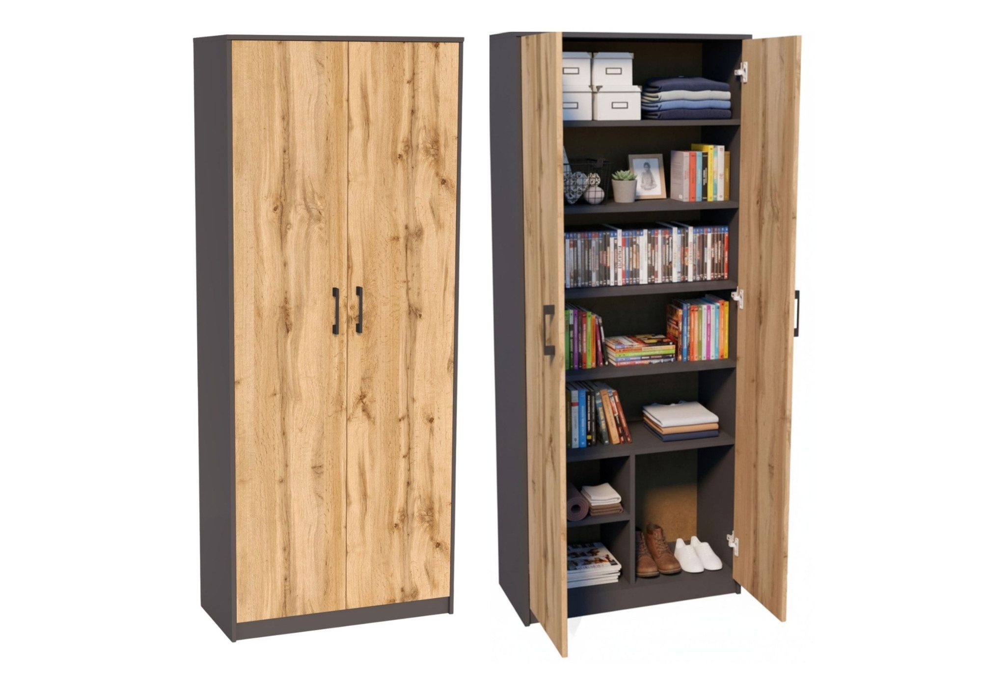 Home Collective Mehrzweckschrank mit 8 Fächern Besenschrank Haushaltsschrank (74 cm breit aus Laminatplatte und hochwertigen Polymergriffen) in mattem Finish mit 6 Einlegeböden und 2 Türen graphit Eiche