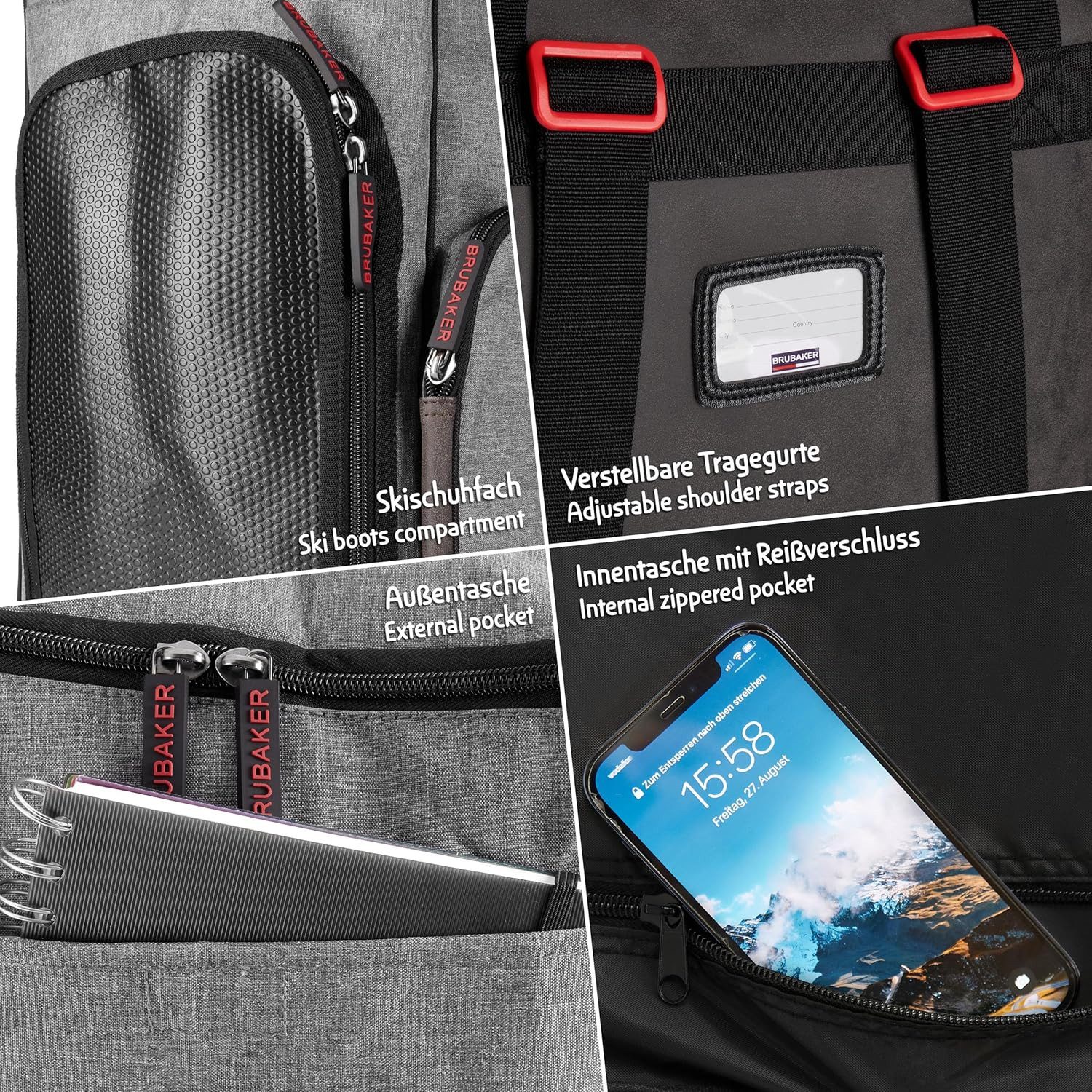 BRUBAKER Skitasche Snowboardtasche - Velocity Performance - Kombi Set (Snowboard Tasche mit Stiefeltasche - Schwarz und Grau, 2-tlg., 160/170 cm Länge), Snowboardbag und Snowboardschuhtasche mit Helmfach