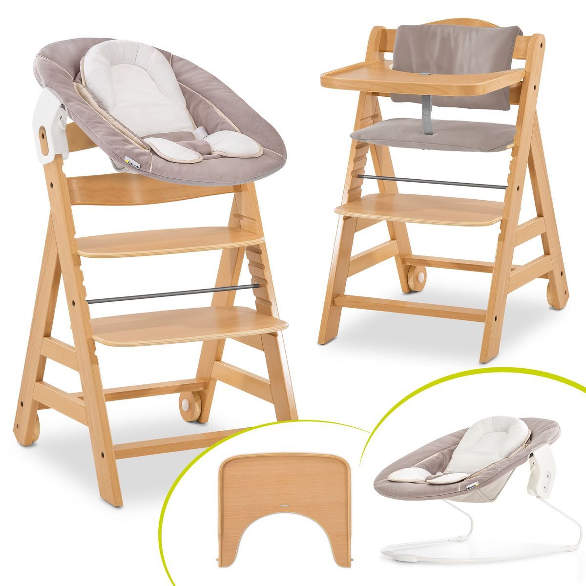 Hauck Hochstuhl Alpha Move Newborn Set - Natur, Holz Babystuhl ab Geburt mit Neugeborenenaufsatz, Sitzkissen, Essbrett