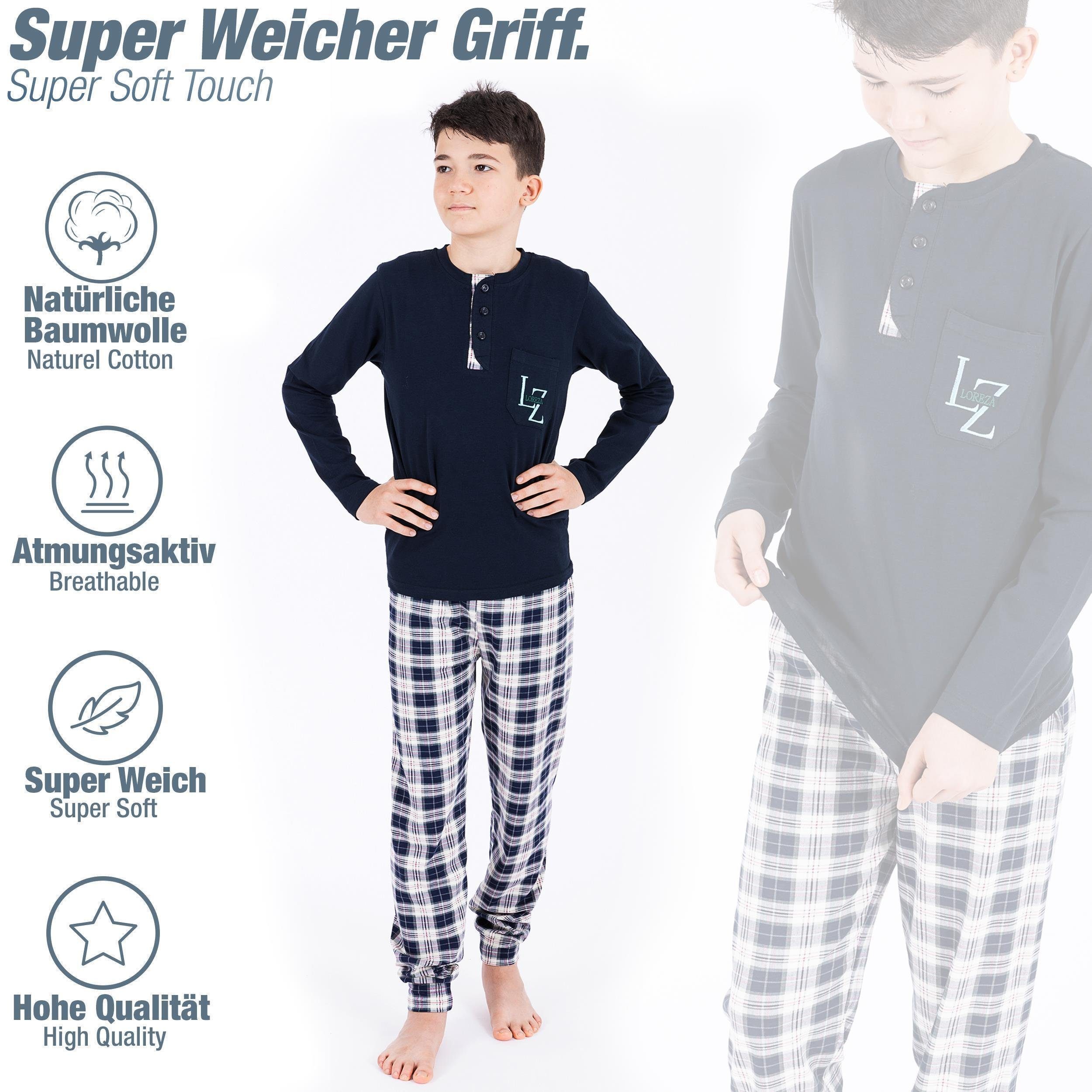 LOREZA Pyjama Jungen zweiteiliger aus kariert Dunkelblau tlg) Schlafanzug (Set, Baumwolle Langarm 2