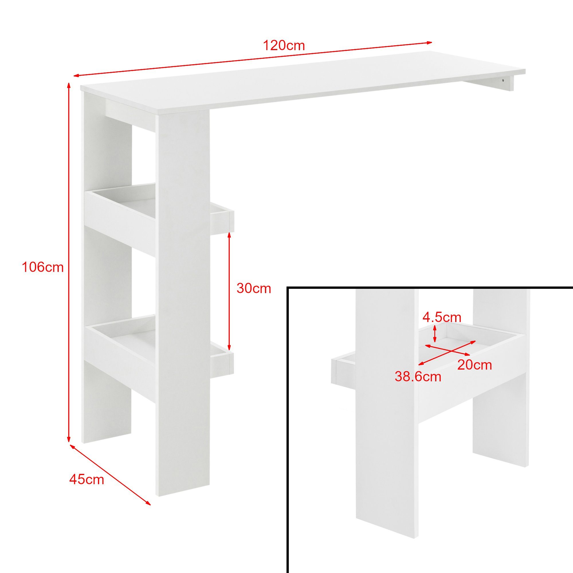 120x45x106cm Bartisch, Stehtisch Bromölla Weiß en.casa