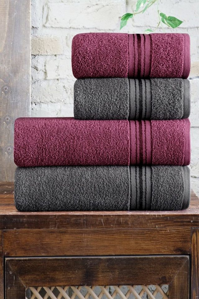 Furni24 Handtuch Set Handtuchset, 4 Stück, grau/lila | Handtuch-Sets