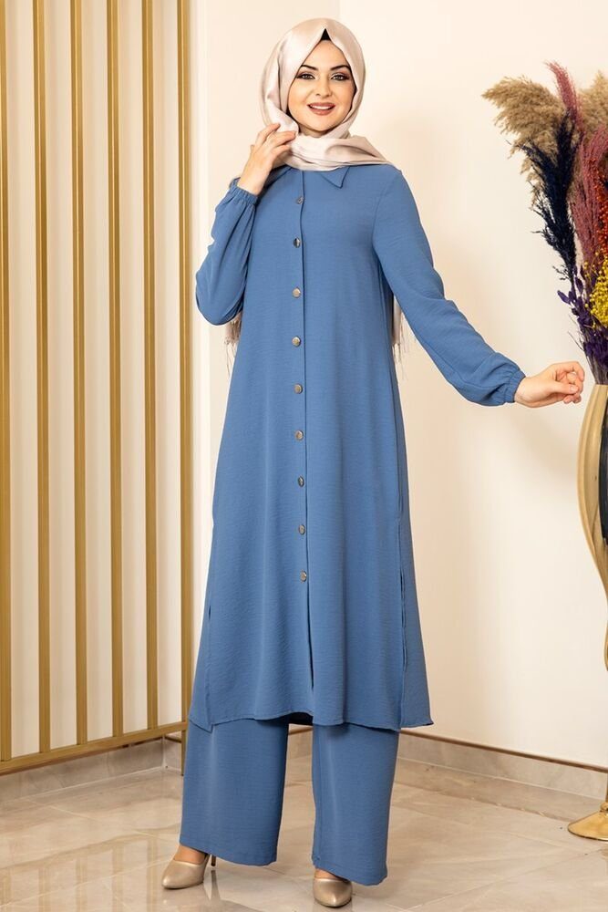 Modavitrini Longtunika Damen Anzug Zweiteiler Lange Tunika mit Hose Hijab Kleidung Knöpfe, Aerobin Stoff Indigo-Blau