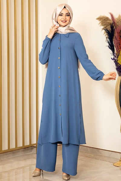 Modavitrini Longtunika Damen Anzug Zweiteiler Lange Tunika mit Hose Hijab Kleidung (NERGIS) Knöpfe, Aerobin Stoff