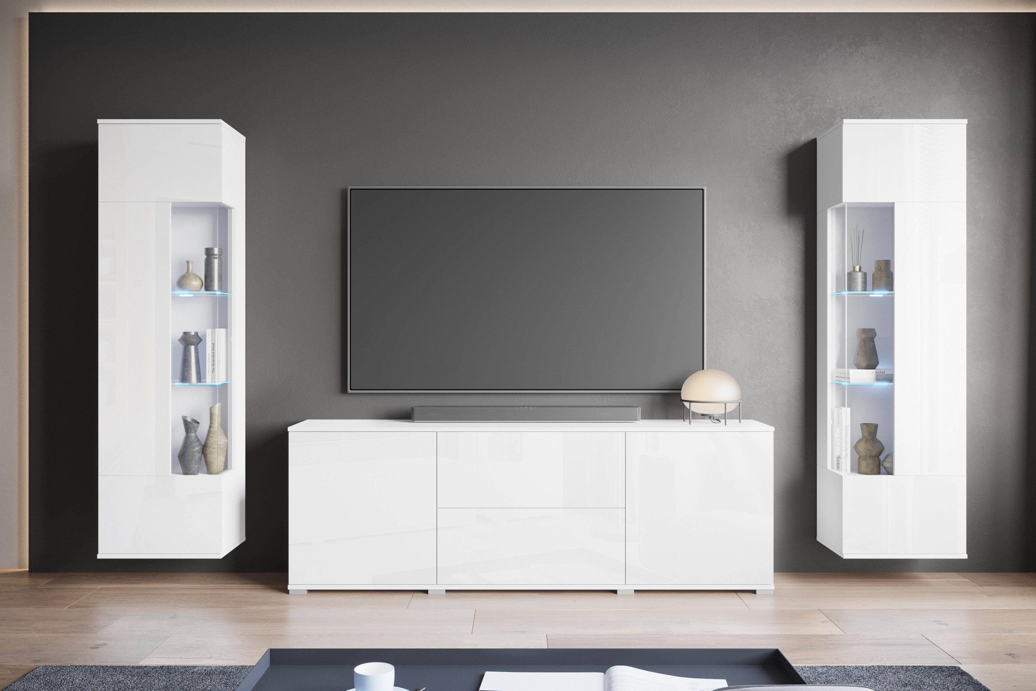 OTTO home Wohnwand KENIA, (Komplett-Set, 3-St), Vitrinen mit Eckverglasung, hängend und stehend montierbar