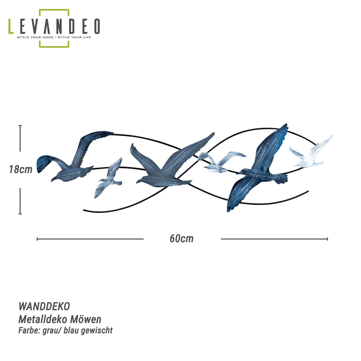 Levandeo® Wandbild, Wandbild Metall Möwen L60cm Blau Grau Creme Maritim Wan günstig online kaufen