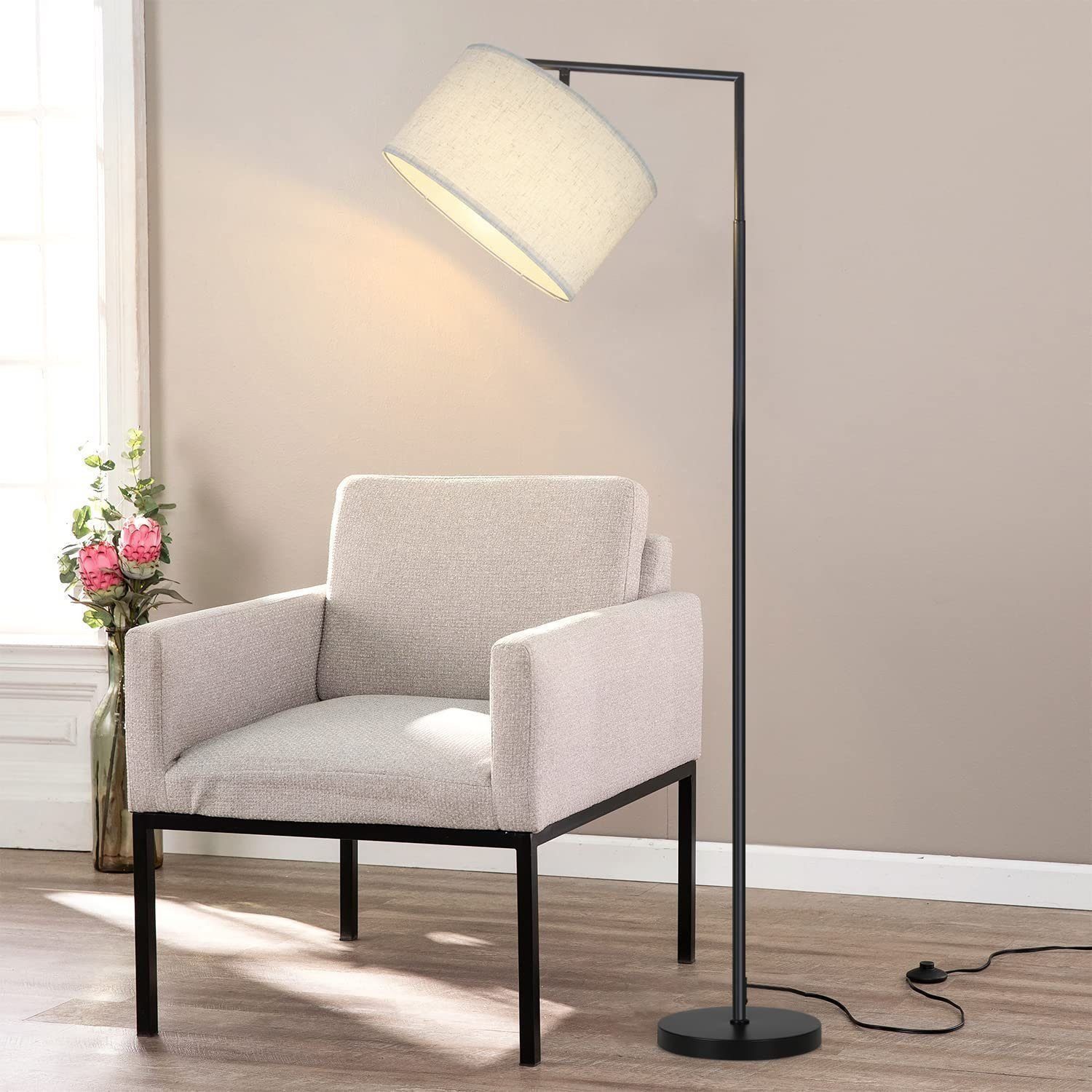Nettlife Stehlampe Wohnzimmer Vintage Weiß/Schwarz Stoffschirm E27 Bogenlampe Leselampe, mit Fußschalter, LED wechselbar, Schlafzimmer Wohnzimmer Arbeitszimmer