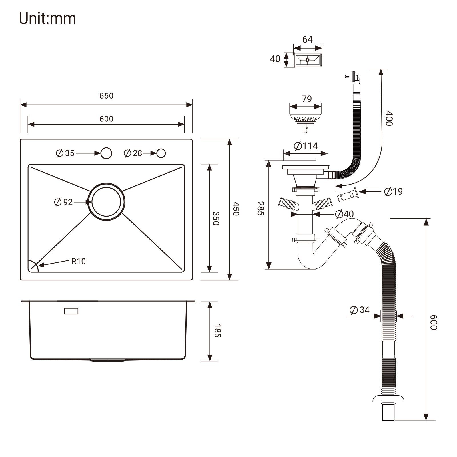 Auralum Einbauspüle ab cm Edelstahl x 45cm, 80 Eckig Spüle Unterschrank Spülbecken für Küchenspüle 65 Anthrazit