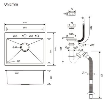 Auralum Küchenspüle Edelstahl Einbauspüle Spülbecken mit Ausziehbar Küchenarmatur, 65x45cm