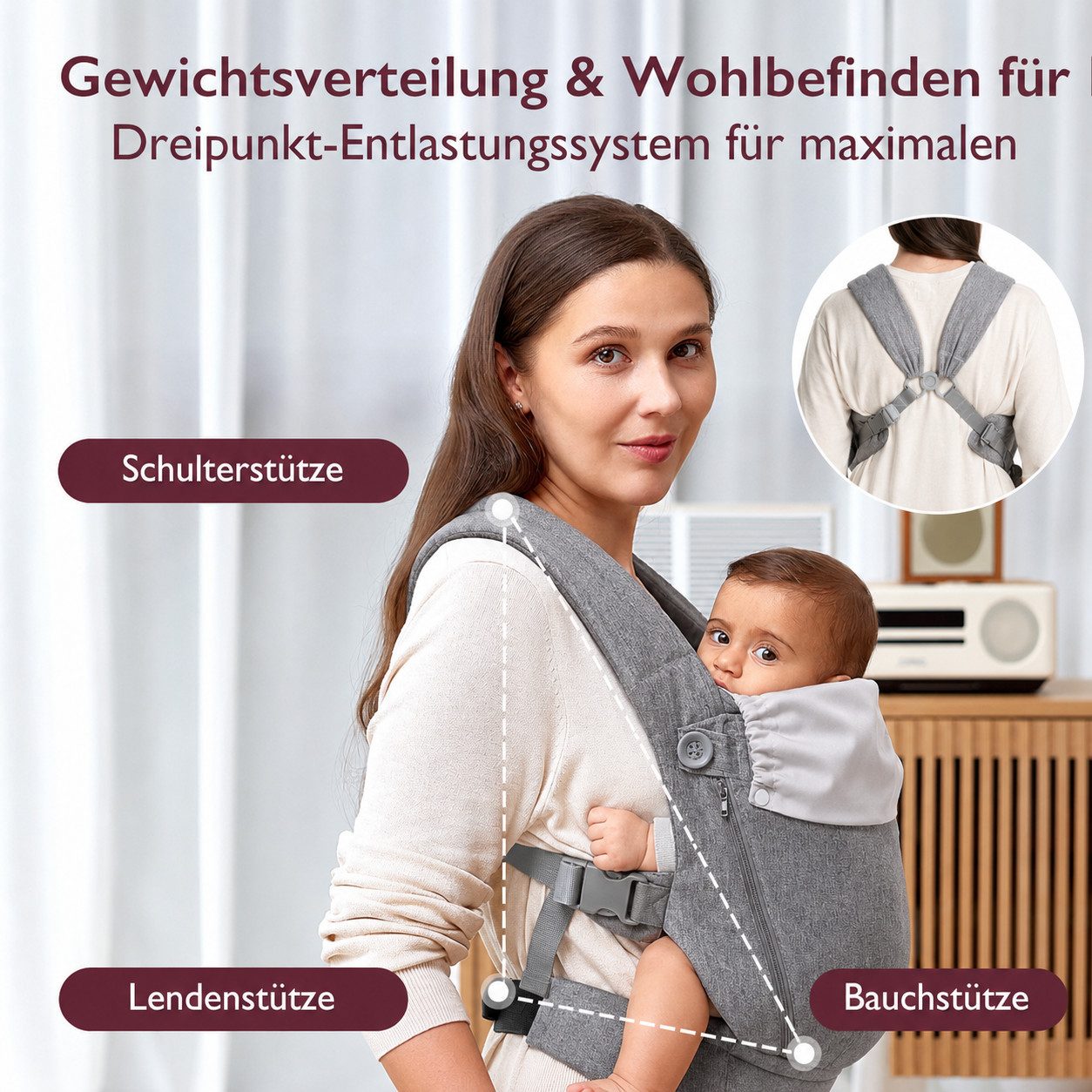 Forrlite Babytrage Neugeborene ab Geburt, Kleinkindtrage aus 100% Baumwolle (Ergobaby Babytrage mit Ein-Klick-Schnalle, ergonomische M-Position, X-Rücken, für 3 – Bild 4 von 5