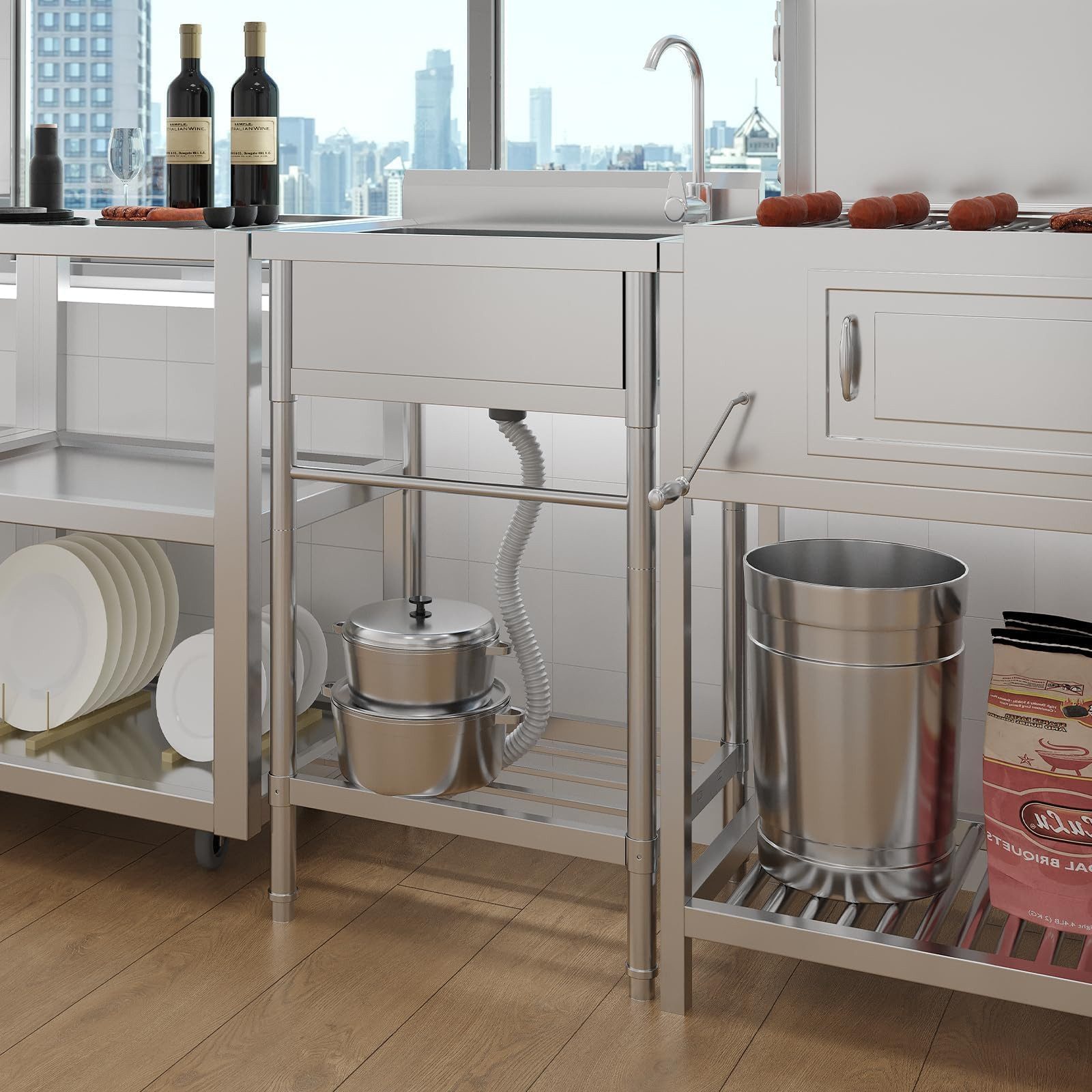 GarveeMore Waschtisch-Set Praktisches Spülset aus Edelstahl – Einbecken mit Ablaufsystem, 360° schwenkbarem Wasserhahn, Festwasseranschluss, 60 x 50 x 105 cm