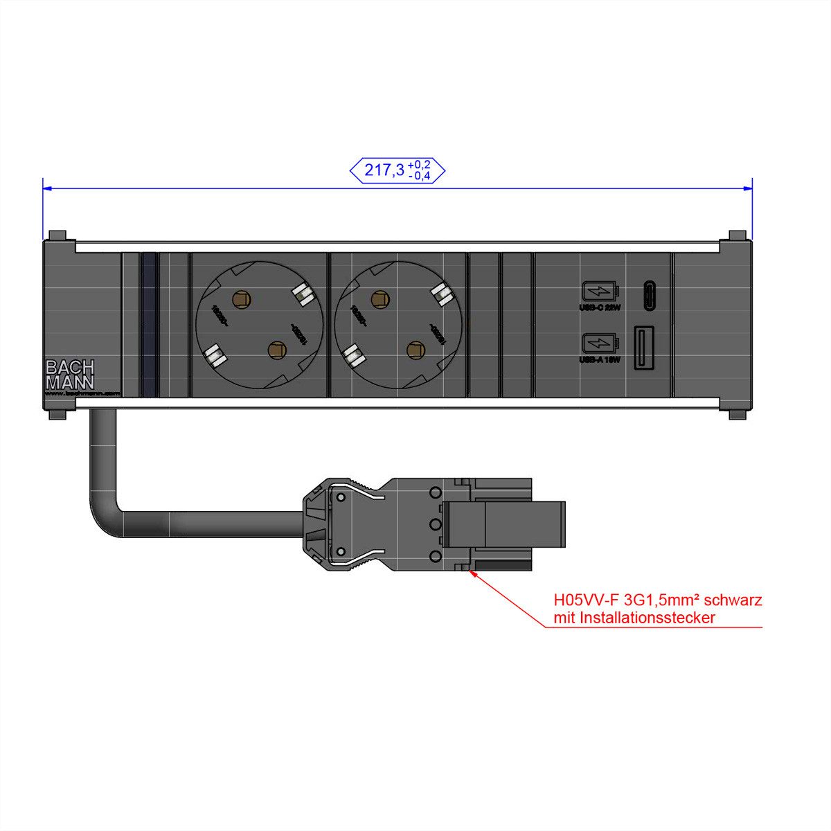 Bachmann CONI 2x Schutzkontakt 1xUSB A/C 22W Einbau-Tischsteckdosenleiste (Kabellänge 0.2 m), 912.233