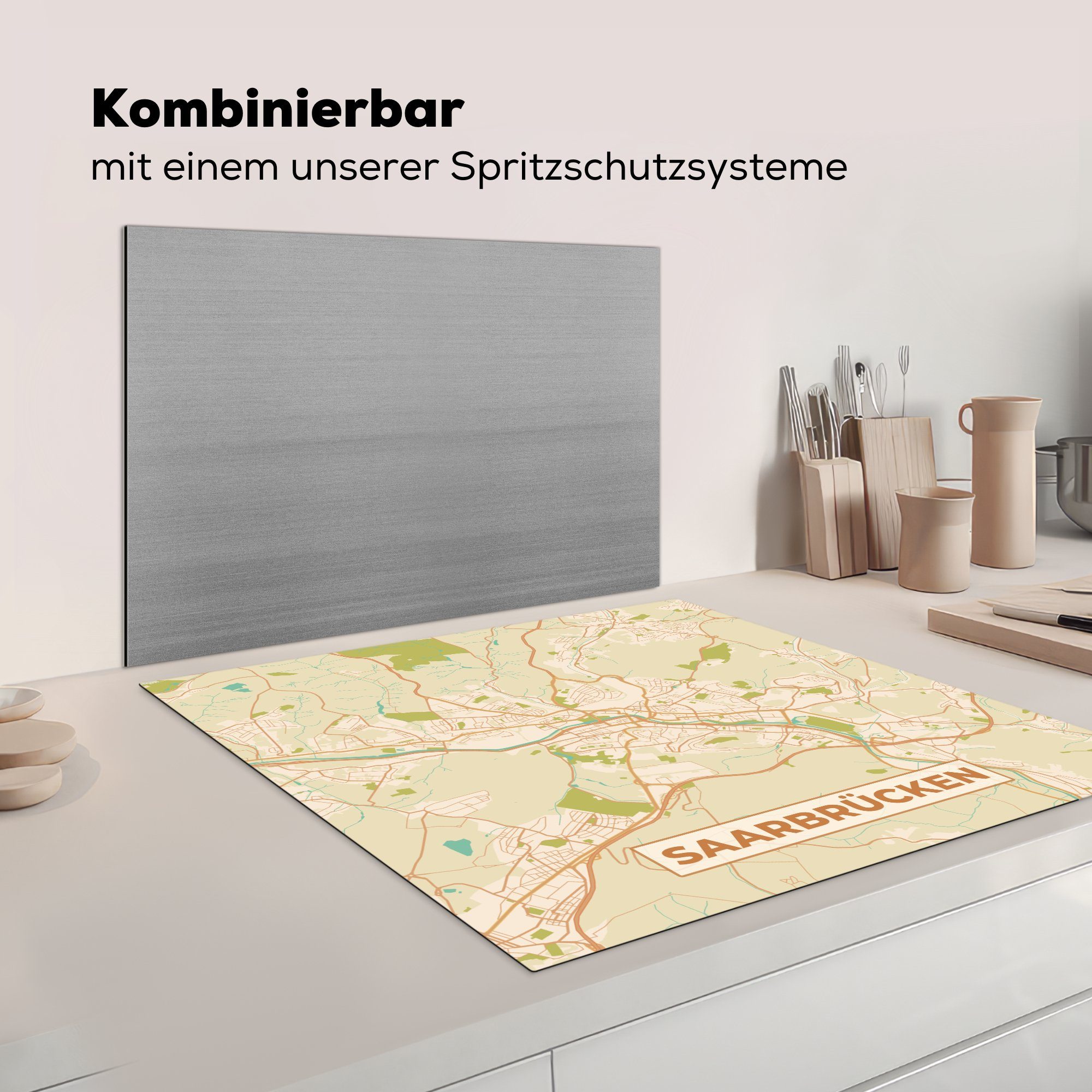 Arbeitsplatte Vinyl, Stadtplan, Ceranfeldabdeckung, Saarbrücken tlg), Karte - Herdblende-/Abdeckplatte 78x78 MuchoWow Vintage (1 - cm, für küche -