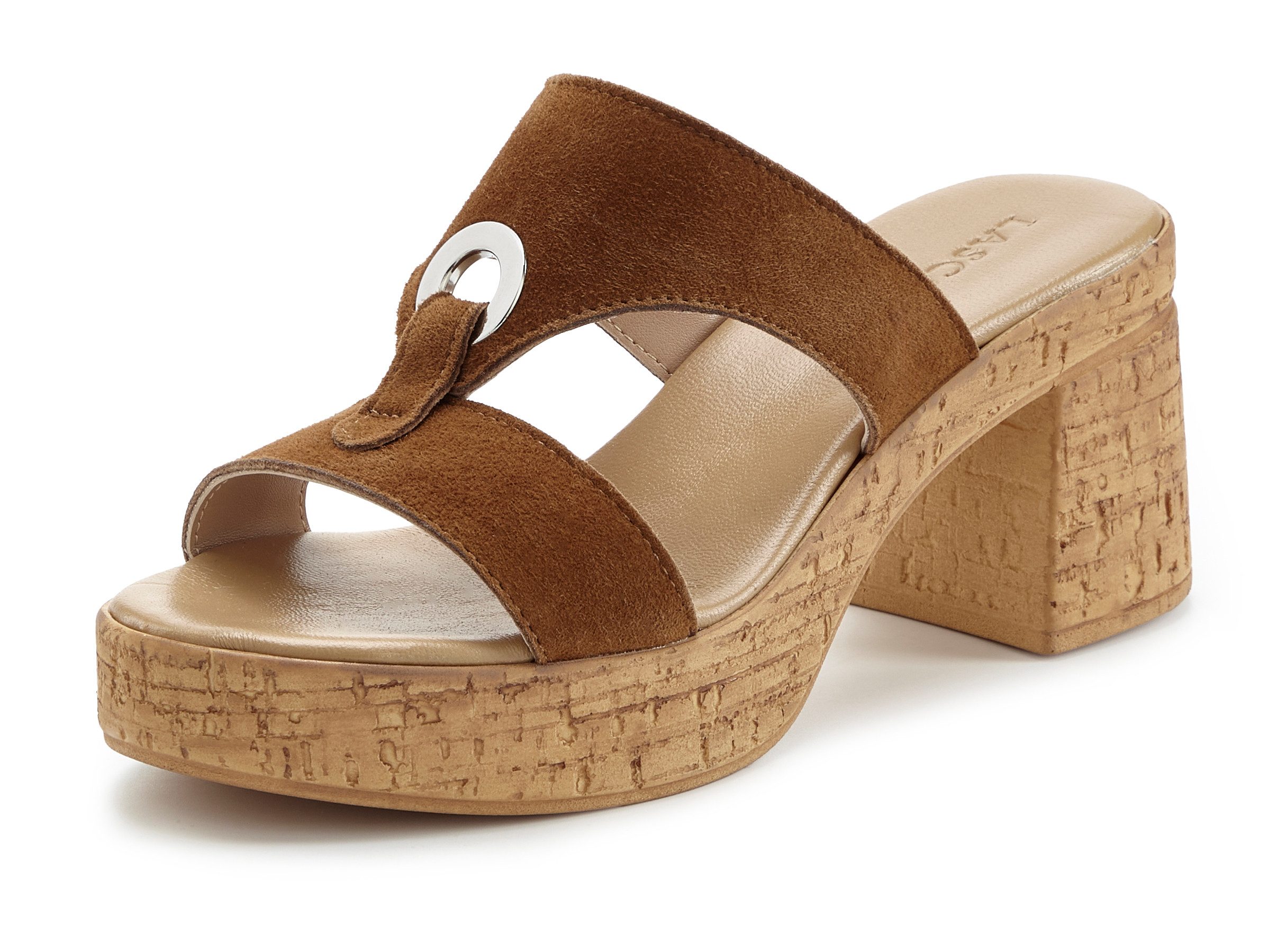LASCANA Sandale, Mule, offener Schuh, Sommerschuh, Pantolette aus Leder mit Blockabsatz in Kork-Optik