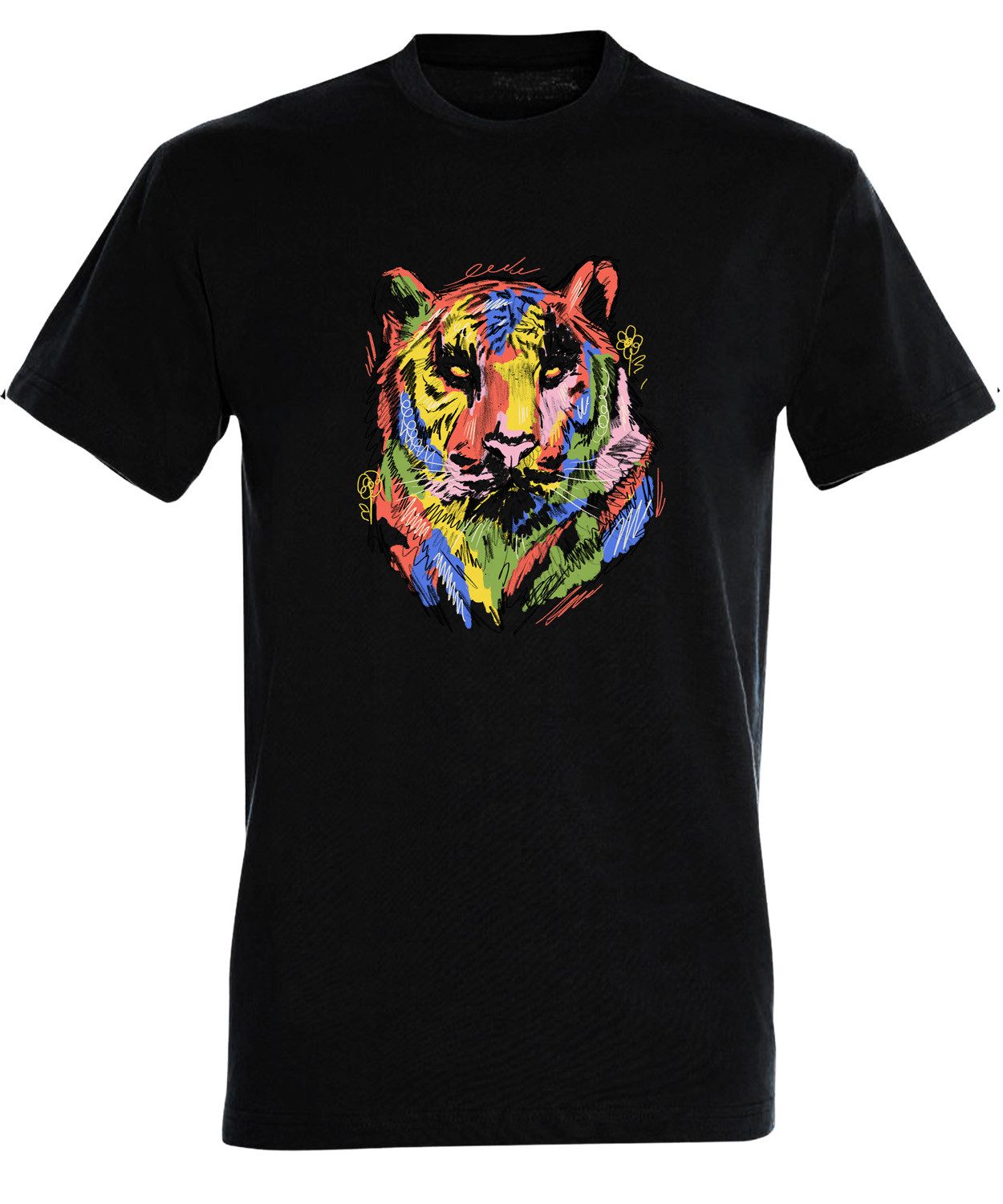 T-Shirt Herren Print Shirt - Farbenfroher Tigerkopf Brustprint