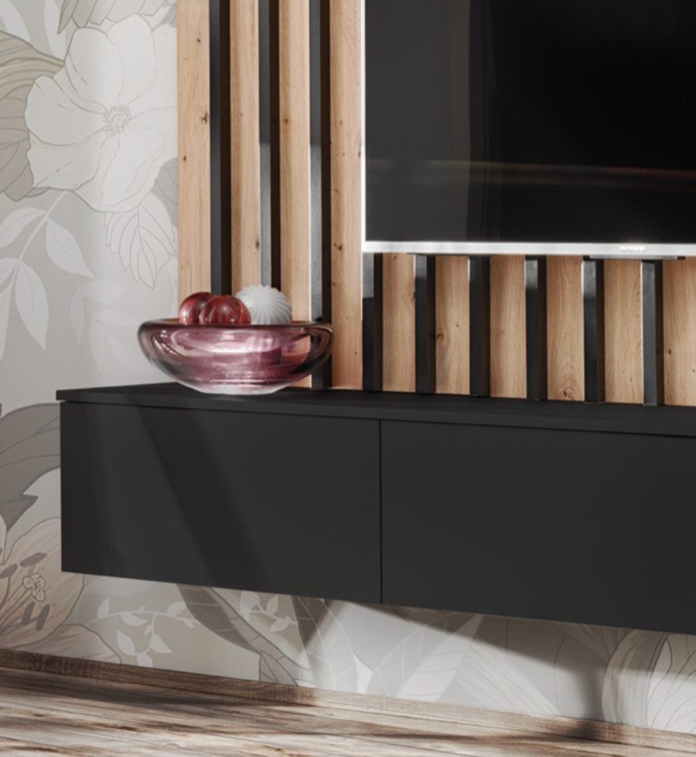 Furn.Design Lowboard Pearl (TV Mediawand in schwarz mit Eiche, Set inkl. Wandpaneel), Push-To-Open-Funktion – Bild 4 von 5