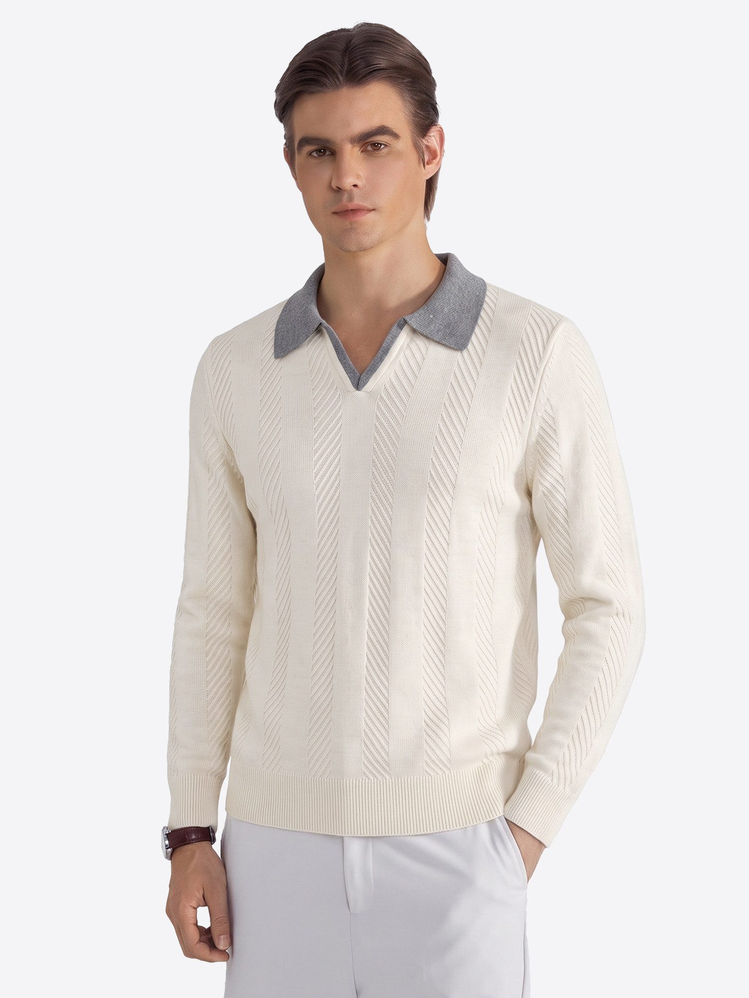 VANTORY Strickpullover Herren Eleganter Langarm Poloshirt mit V-Ausschnitt (Packung, 1-tlg., 1per-Pack) mit Reverskragen