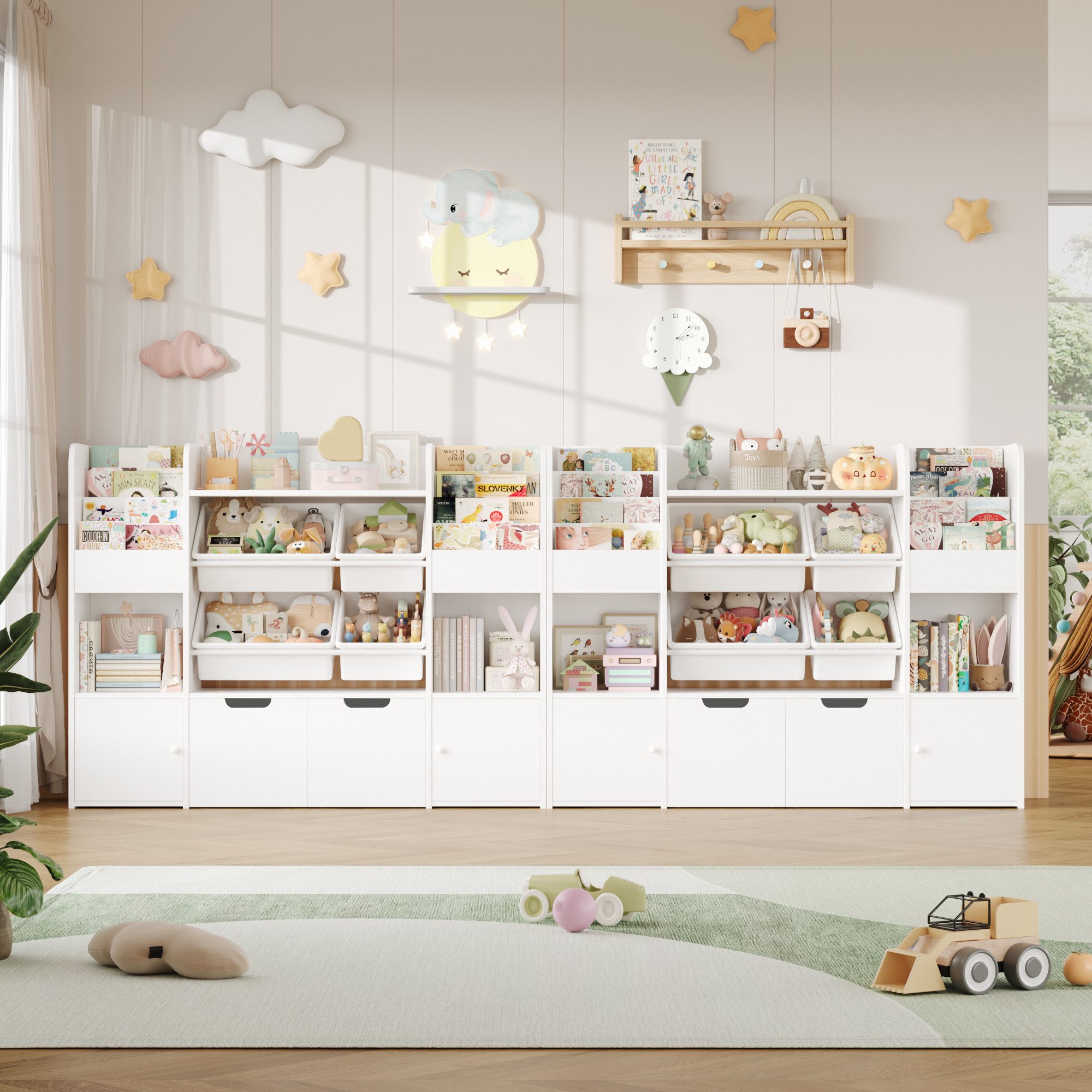 Homfa Spielzeugtruhe Kinderregal mit 2 Schubladen auf Rollen & 4 Boxen Büch günstig online kaufen