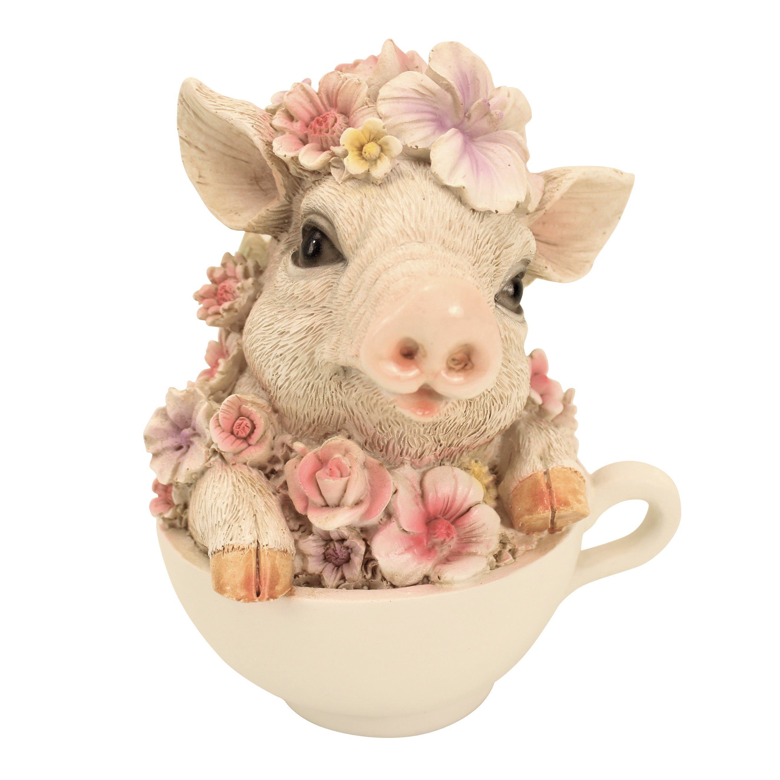 Online-Fuchs Gartenfigur süßes Schwein mit Blumen verziert in Tasse, (Polyr günstig online kaufen