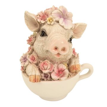Online-Fuchs Gartenfigur süßes Schwein mit Blumen verziert in Tasse, (Polyresin), Maße des Tiers ca. 15 cm hoch und 11 x 10 cm breit.