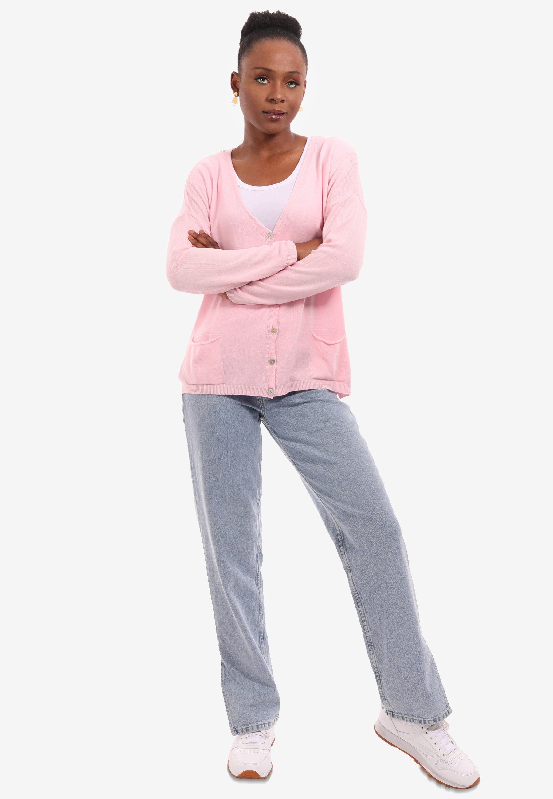 Unifarbe, Style YC Fashion (1-tlg) mit geknöpft, Feinstrick rosa Cardigan - Knopfleiste geschnitten, Vorne & Cardigan in locker