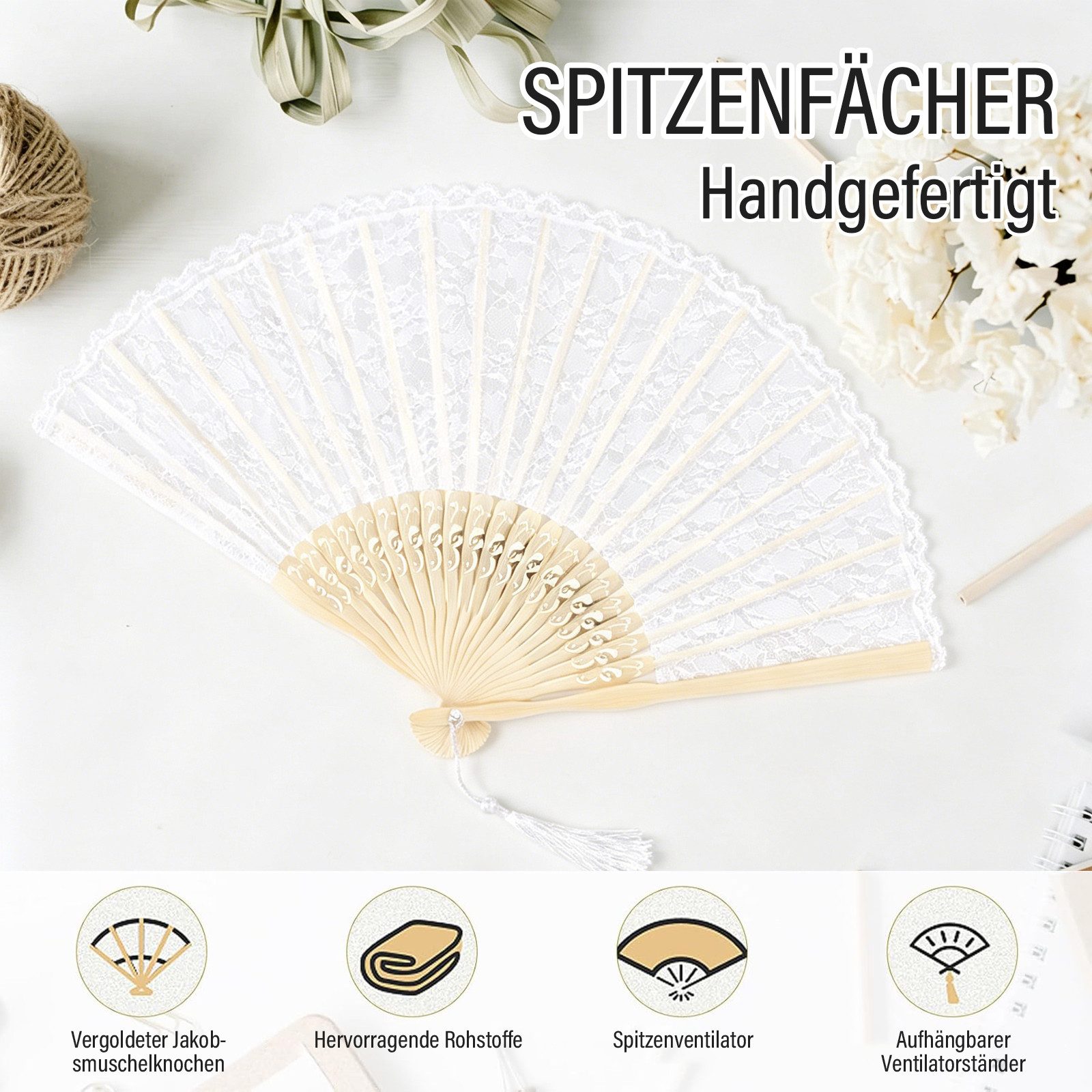 MOPUEA Handfächer Handfächer Lace Fan with Tassel Vintage Fan Lace Folding Fan Hand Fan, (Faltbarer Spitzenfächer, Spitze Handfächer mit Holzgriff, 1-tlg., Fächer für Hochzeit Party Tanzen Requisiten Home Decorative), Hochzeit Hand Fan, Vintage Fächer Spitze