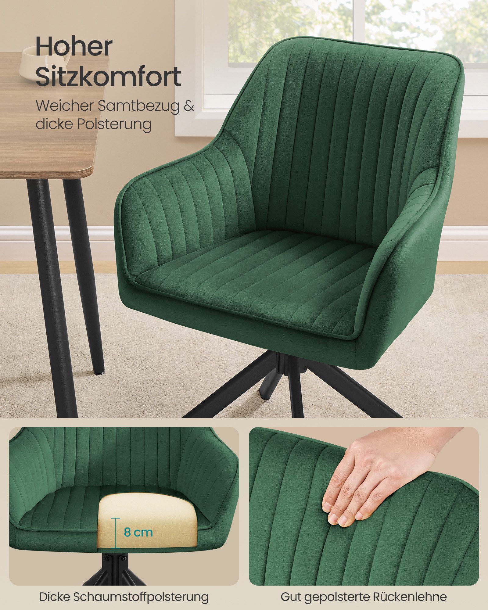 SONGMICS Esszimmerstuhl Esszimmerstuhl 360° drehbar, Küchenstuhl, Sessel drehbar, Samt (6 St), bis 120 kg belastbar, für Esszimmer, Küche, mit Armlehnen, Stahlb – Bild 5 von 5