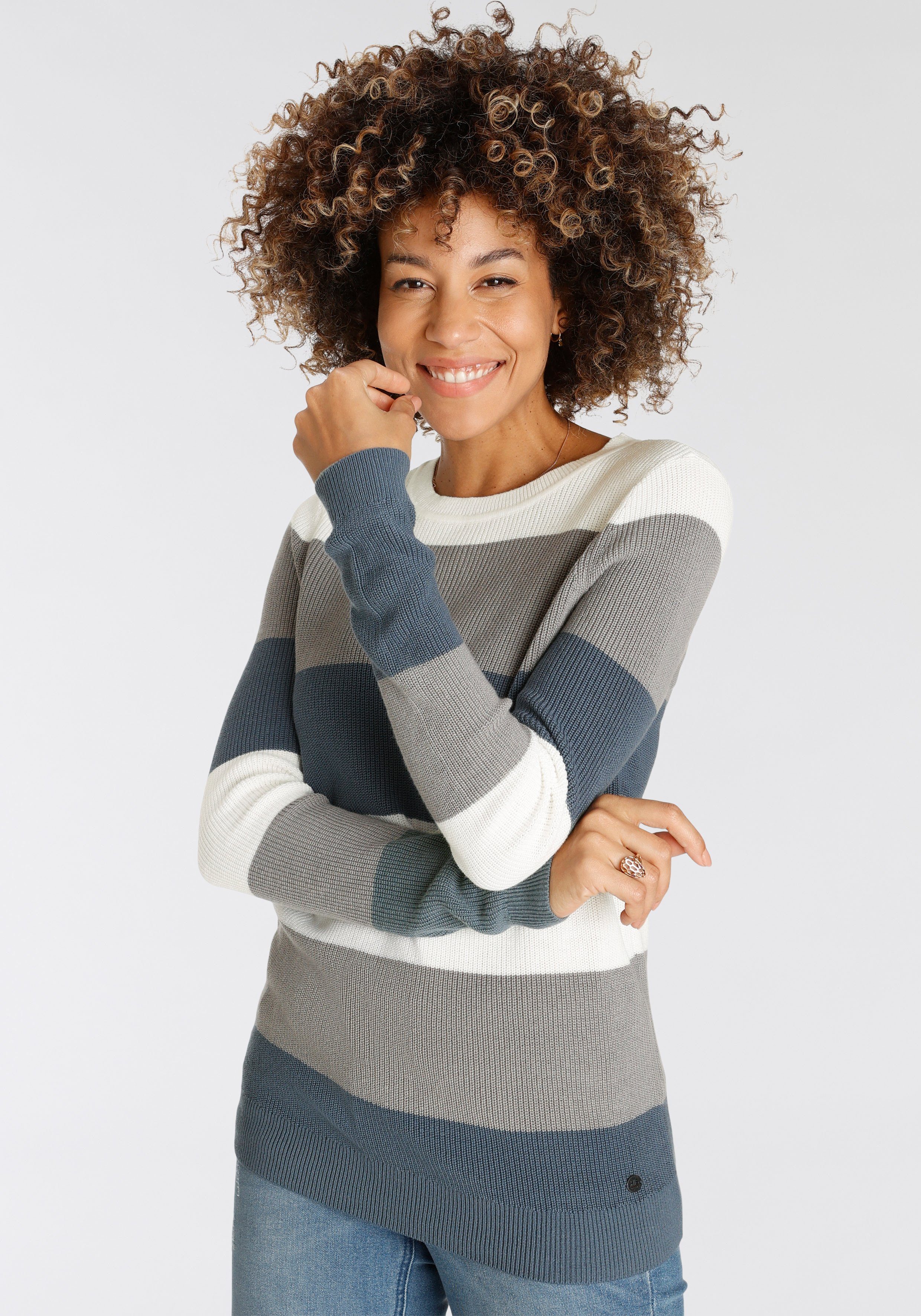 Strickpullover H.I.S in blau-gestreift Streifenmuster modischem