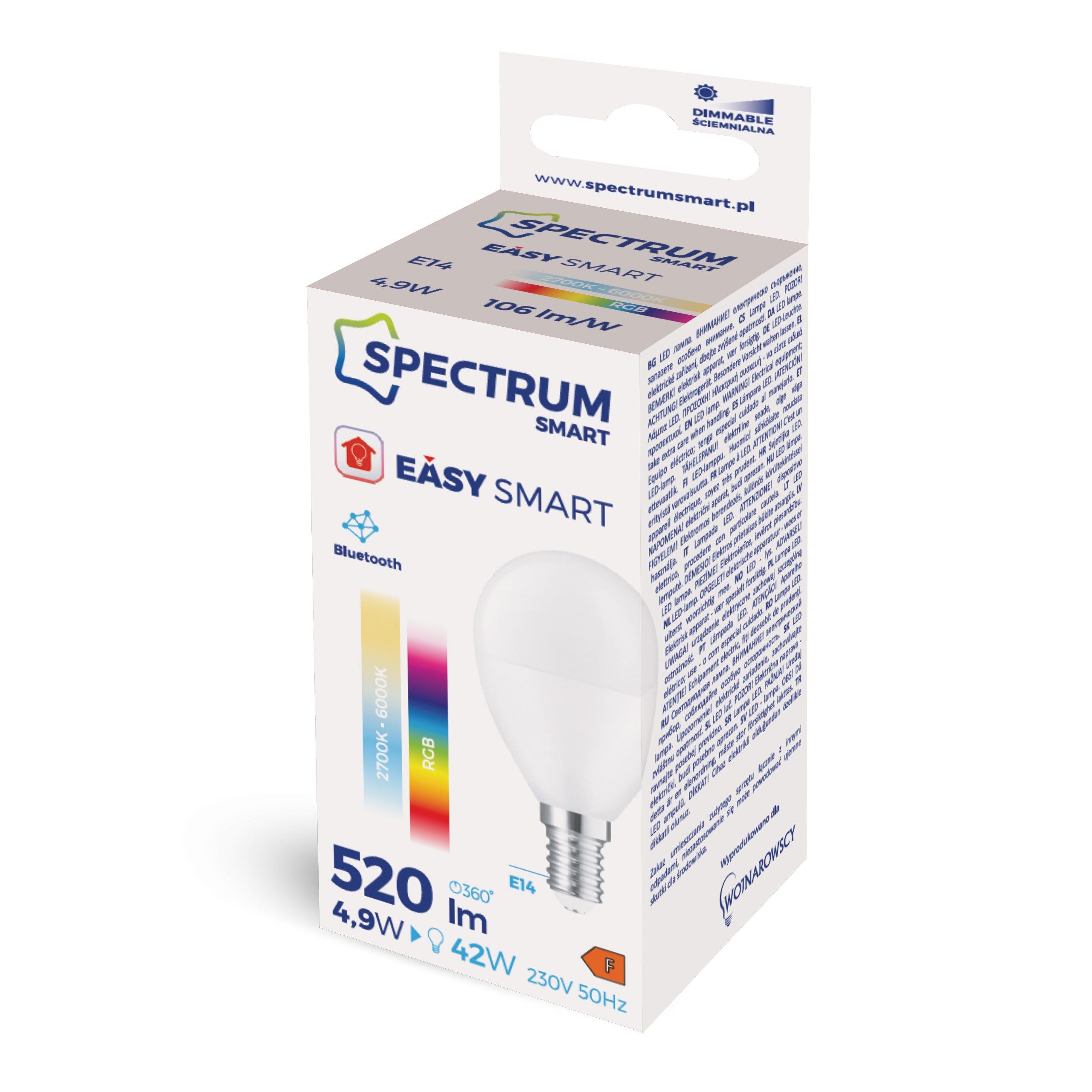 Spectrum LED-Leuchtmittel LED E14 G45 EASY SMART APP 4,9W = 42W 520lm BLUETOOTH 2700K-6000K DIMM, E14, CCT, CCT-Farbtemperatursteuerung - warmweiß bis tageslichtweiß, RGB