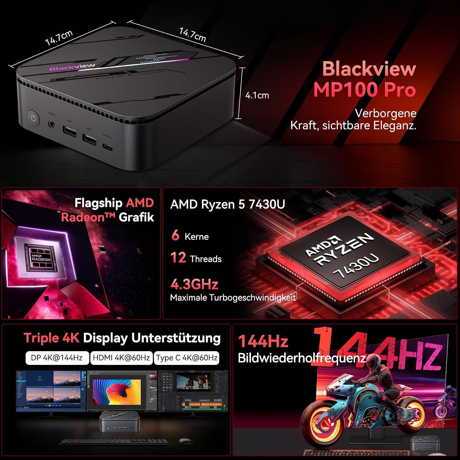 blackview MP100Pro AMD Ryzen 5 7430U(6C/12T), 16 GB DDR4 RAM, 512 GB SSD Mini-PC (AMD Ryzen 5 7430U 7430U, 16 GB RAM, 512 GB SSD, Heatpipe mit Kupferlamellen un – Bild 3 von 5