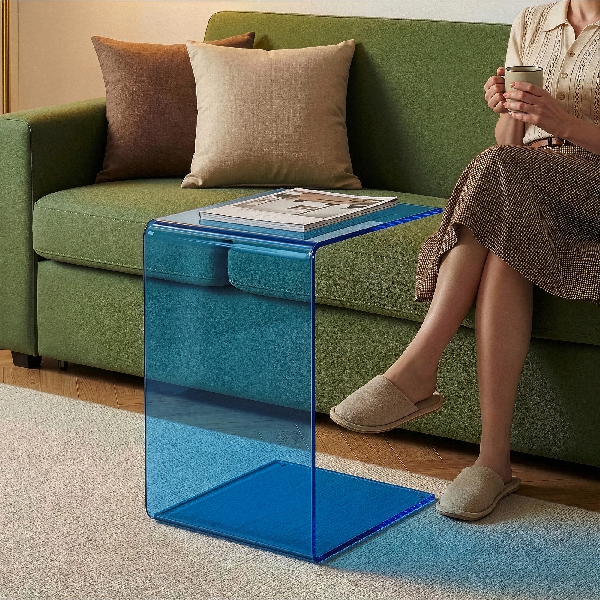en.casa Beistelltisch, »Trölmapilu« Glas C-Form fertig montiert 60 x 40 x 40 cm Blau