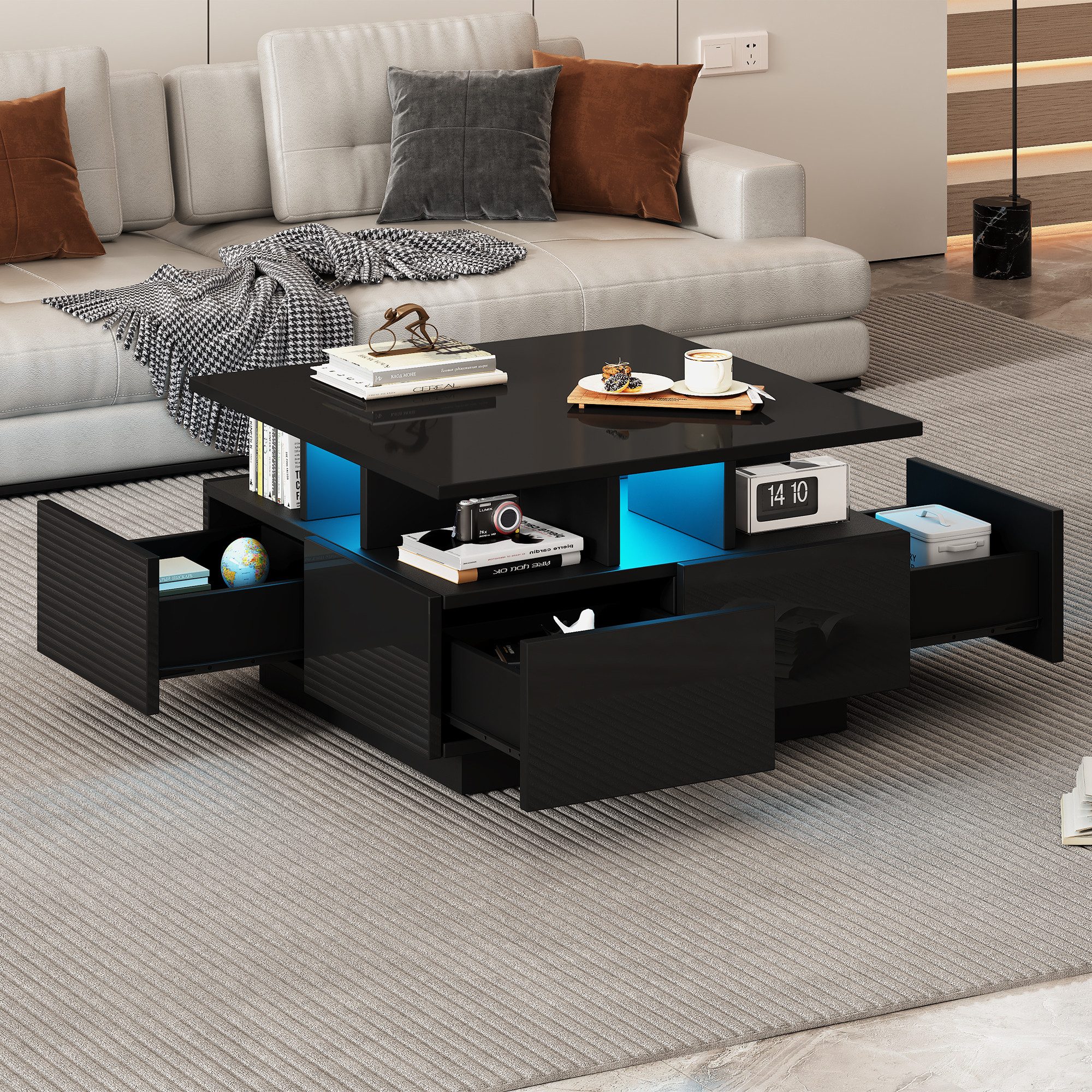 STILVORA Couchtisch Hochglanz wohnzimmertisch sofatisch mit 4 schubladen,Beistelltisch (Satztisch, Wohnzimmertisch, Beistelltisch, 1-St., mit 4 schubladen), mit LED licht, geometrische Design