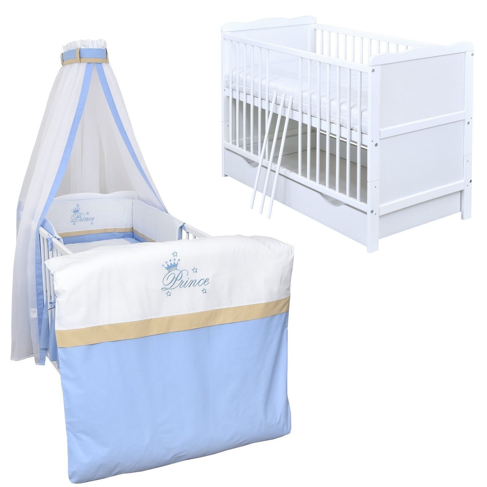 Baby-Delux Komplettbett Babybett Jack Schublade Komplettset, 11-tlg., Kinderbett 70x140 cm weiß, Bettset verschiedene Designs