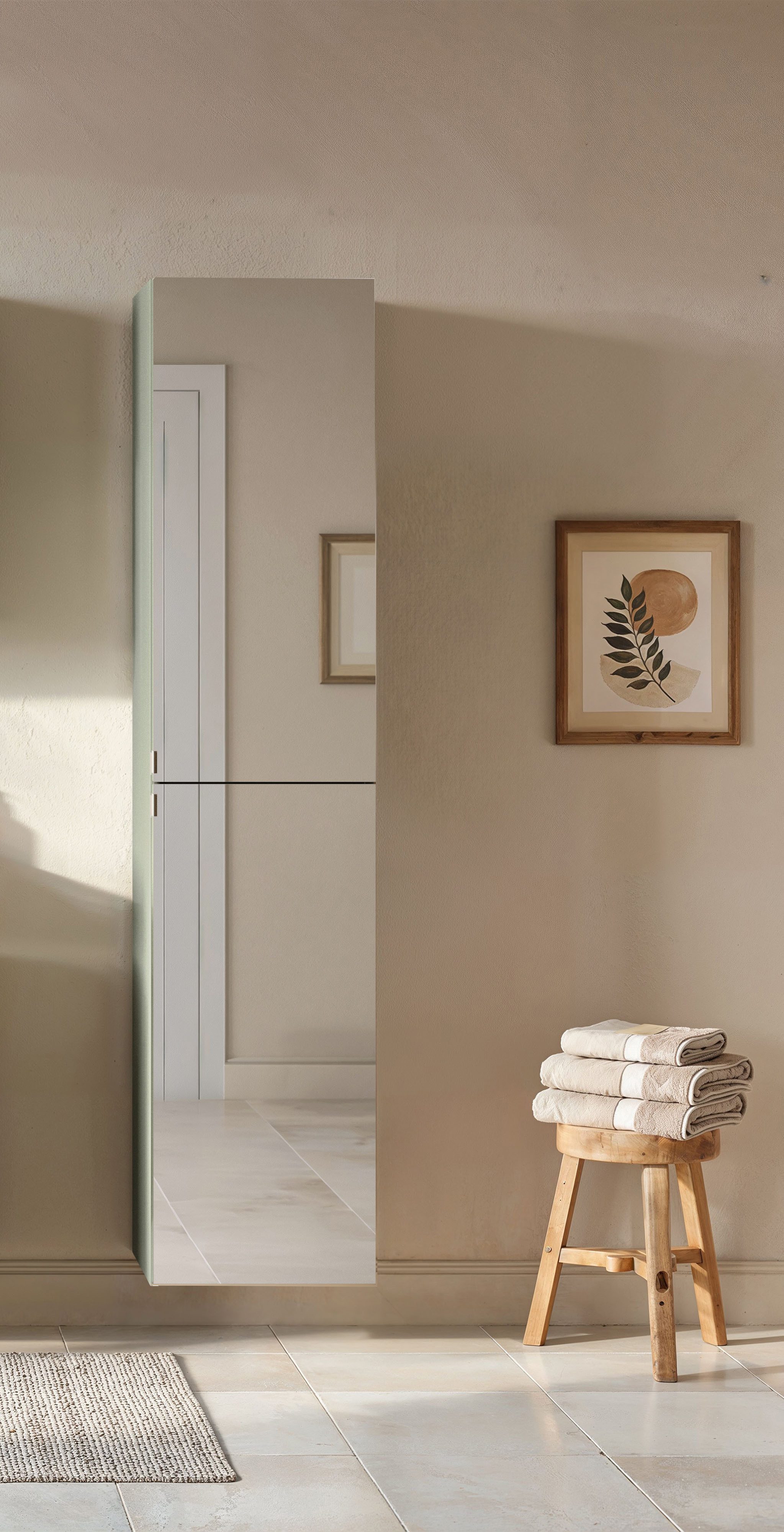 welltime Spiegelschrank TRIENT, Seiten-Spiegelschrank 40 cm, gedämpfte Scharniere (Maße (B/H/T): ca. 40/180/35 cm) Schilfgrün/Wildeiche, gedämpfte Scharniere