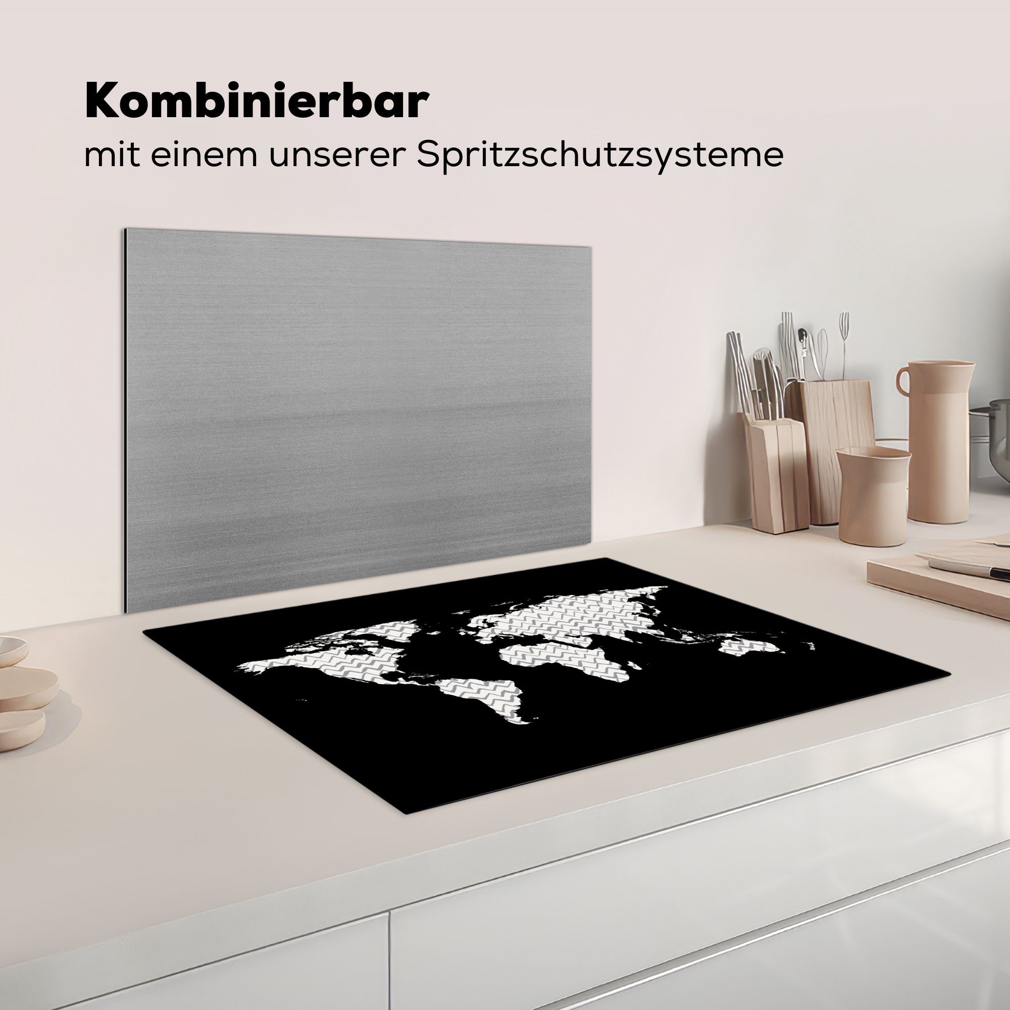 MuchoWow Herdblende-/Abdeckplatte Schutz für 71x52 - Induktionskochfeld Ceranfeldabdeckung Schwarz, Muster (1 Weltkarte küche, Vinyl, tlg), - die cm